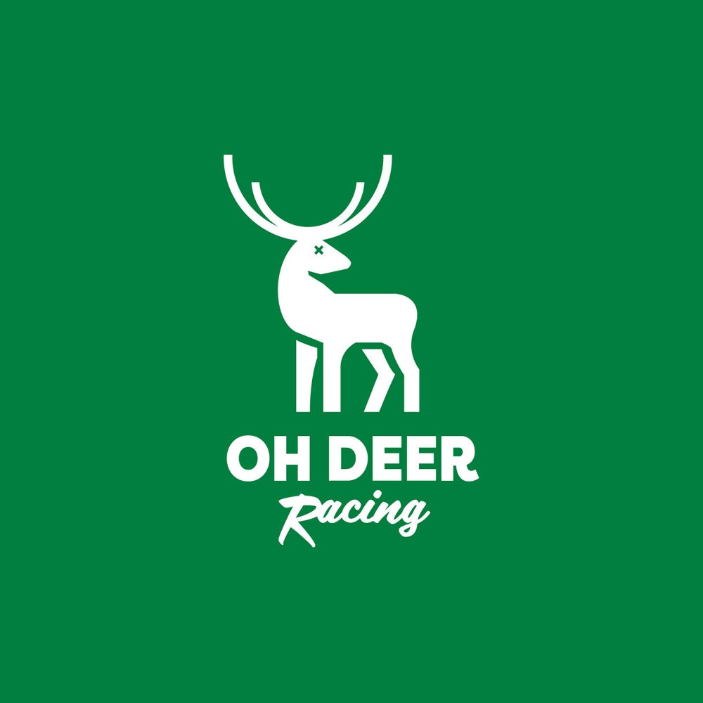 Logo of Oh Deer Racing on green backbround with white logo