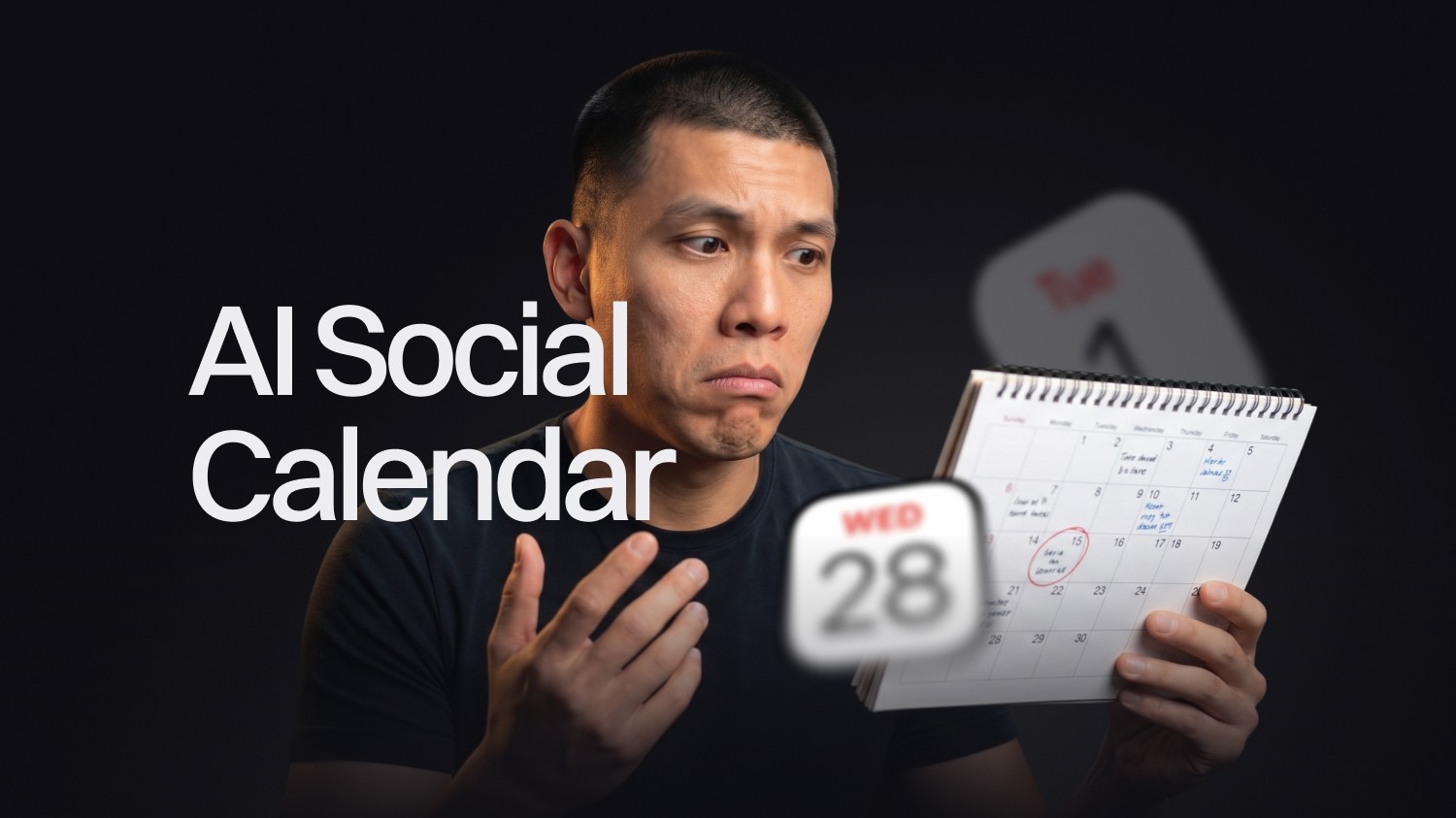 A concerned-looking man looking at a paper calendar with the text "AI Social Calendar" on a dark background, featuring floating calendar icons.
