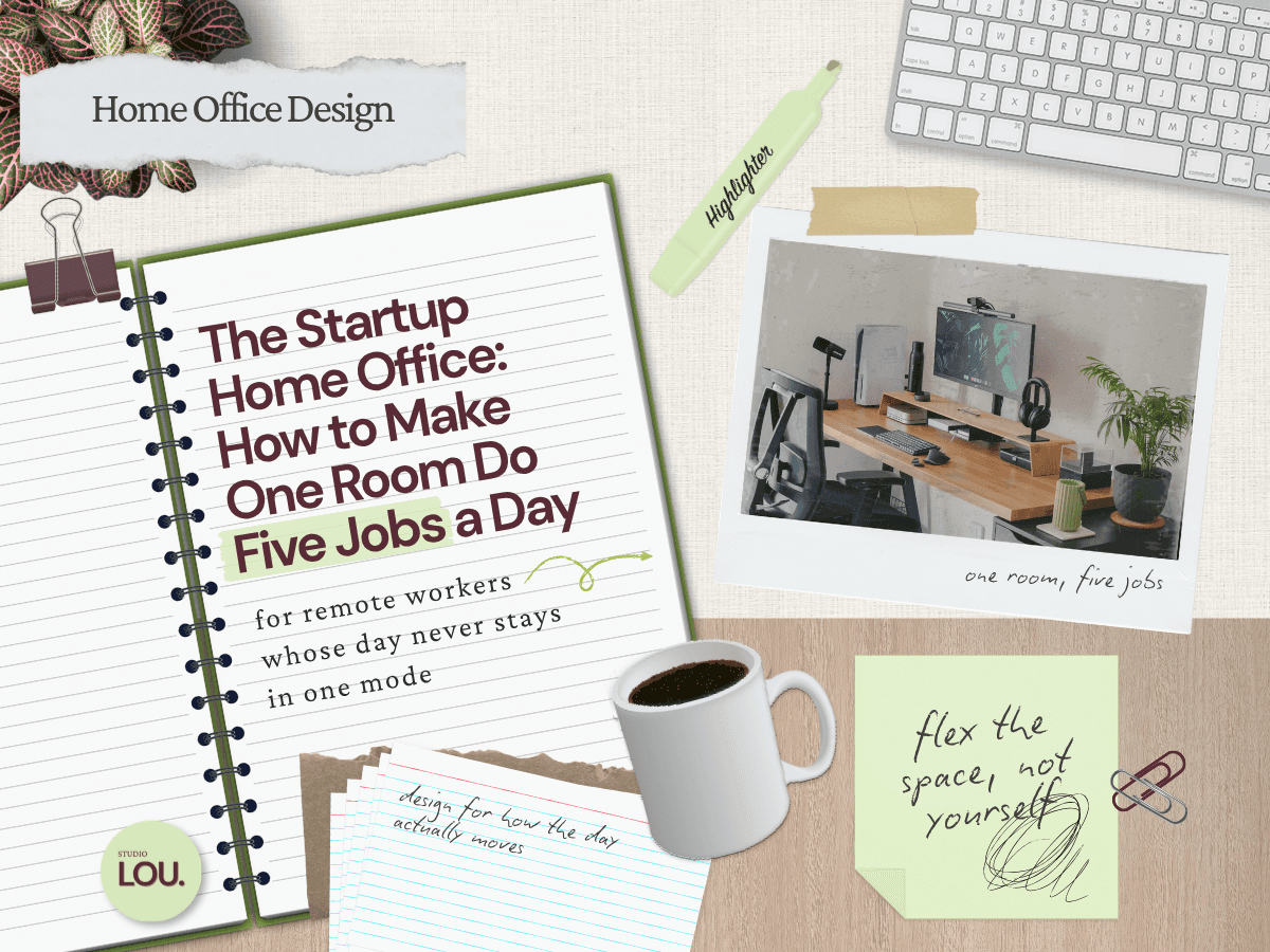 Papercraft-style blog header with a spiral notebook titled The Startup Home Office: How to Make One Room Do Five Jobs a Day, linen background with wood desk surface, polaroid photo of a fully equipped home desk setup with dual monitors, microphone, and plants clipped with a binder clip, coffee mug, sage green sticky note reading "flex the space, not yourself," index cards, highlighter, keyboard, and plant in the corner.