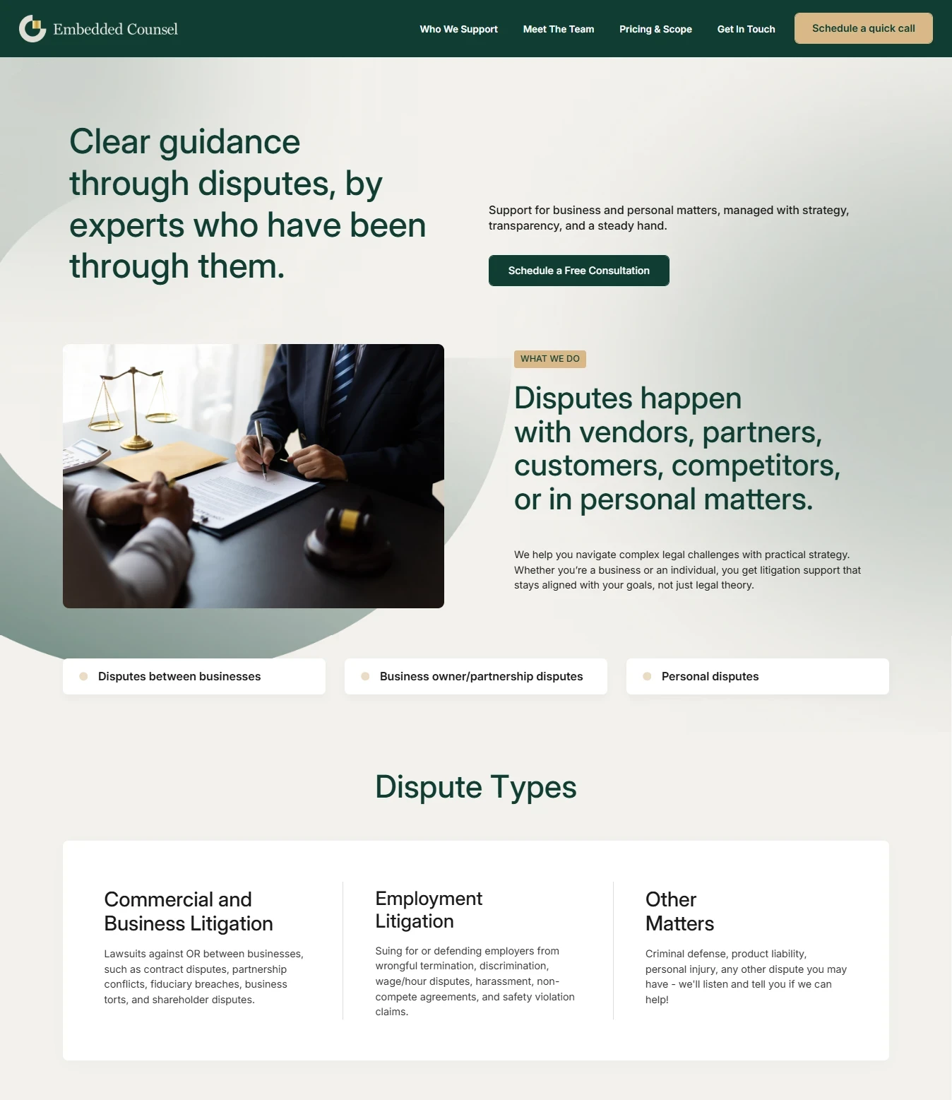 Embedded Counsel website design preview – professional legal services website by RJP.design Web Design Agency NYC, providing expert dispute resolution and business law solutions.