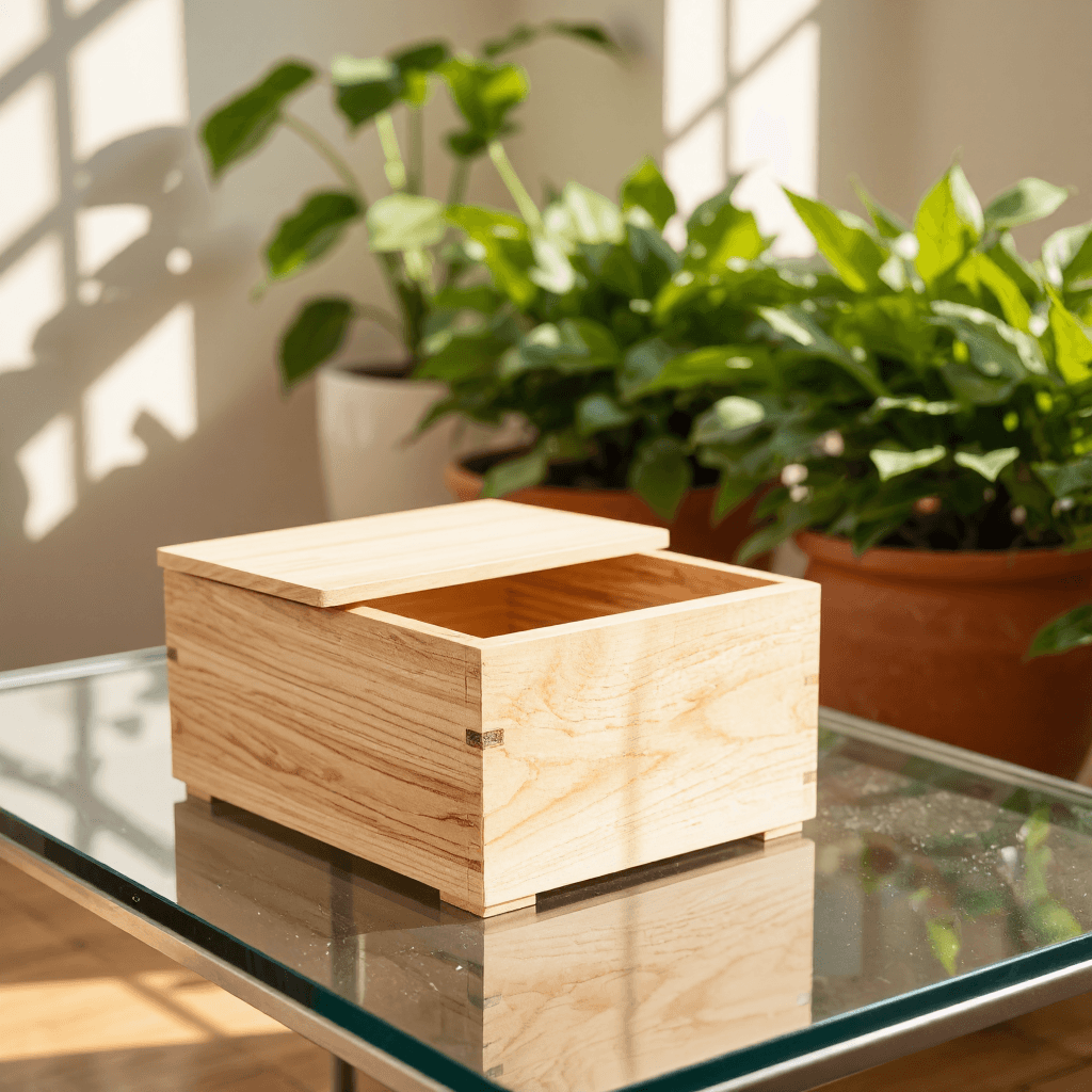product photography of a small wooden box with a removable lid, used for storage or decoration