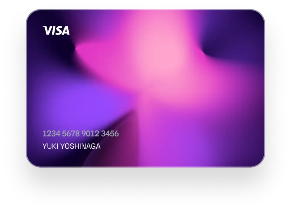 Purple and pink gradient Visa credit card with sample card number and cardholder name.