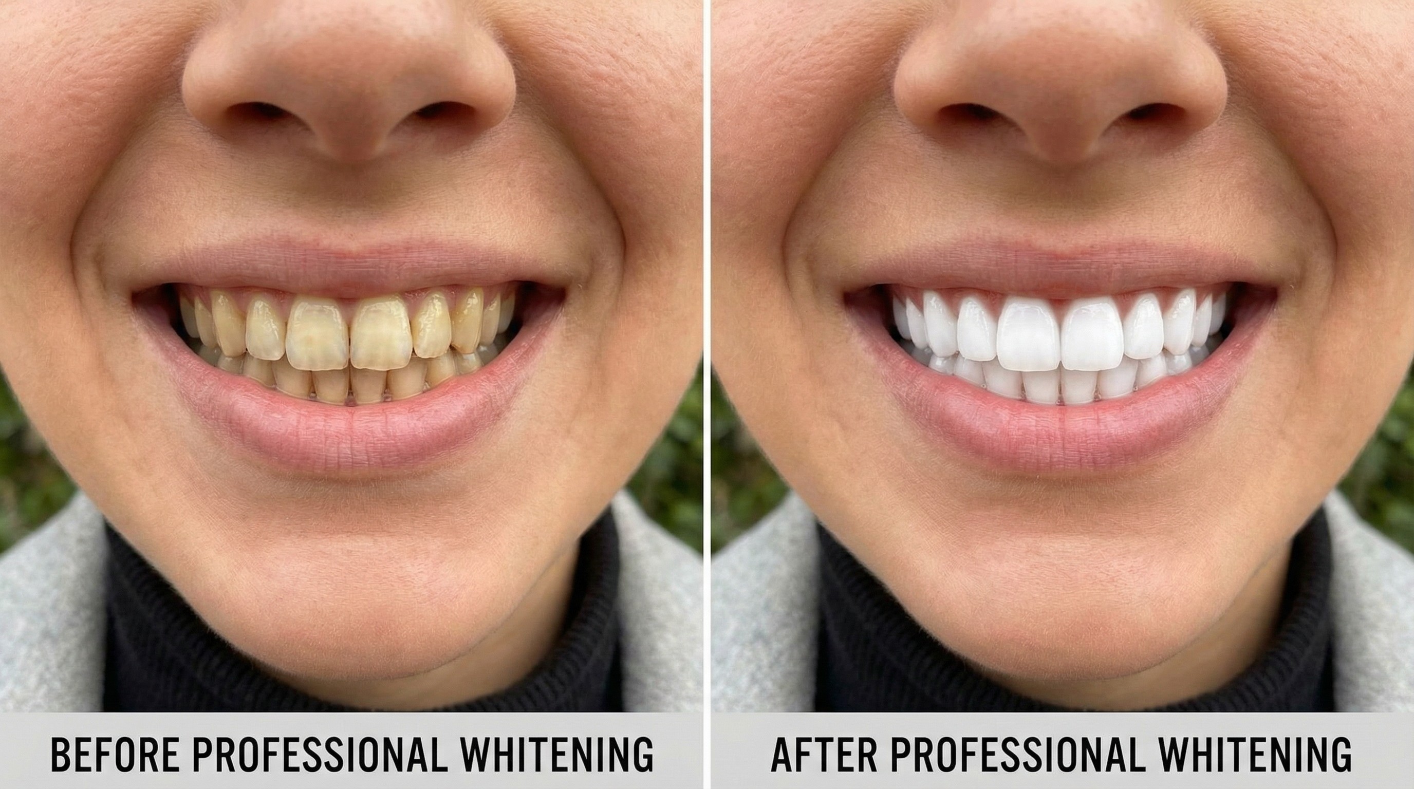  Before and after results of professional teeth whitening at Veda Family Dentistry, showing dramatic smile transformation from stained yellow teeth to brilliant white smile.