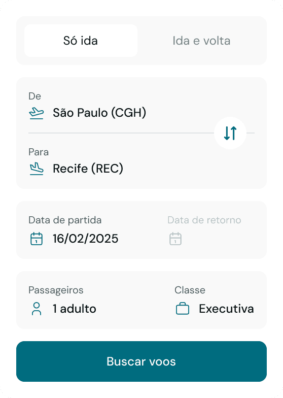 Funcionalidade de buscar de voos da Apino sendo exibida