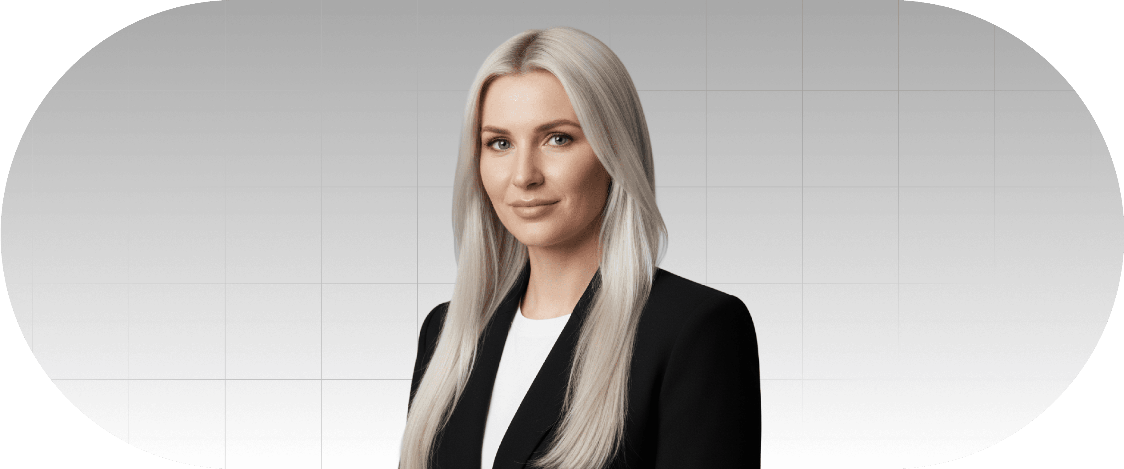 Portrait of a blonde woman wearing a black blazer, white shirt, and looking directly at the camera.