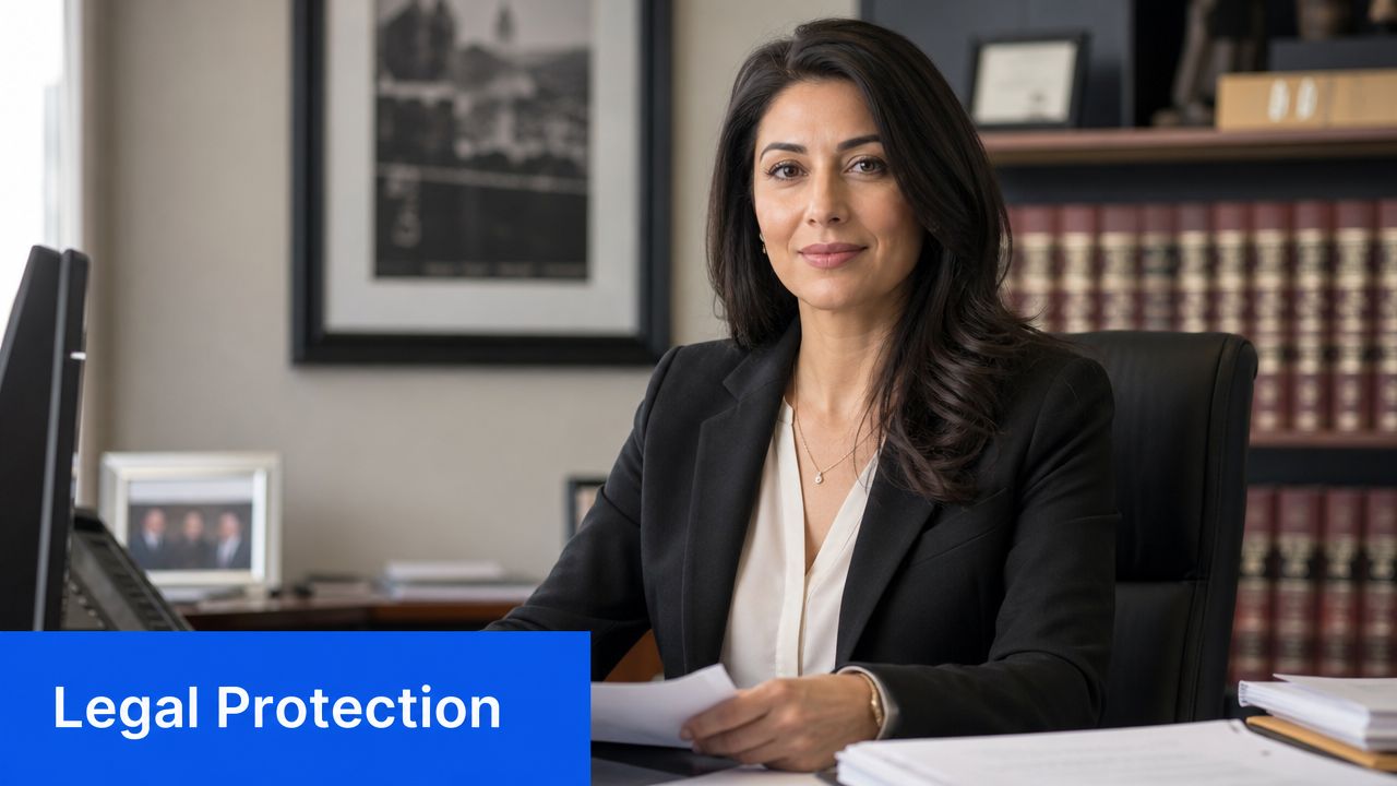 A professional female attorney sits at her desk in a law office with books in the background.
