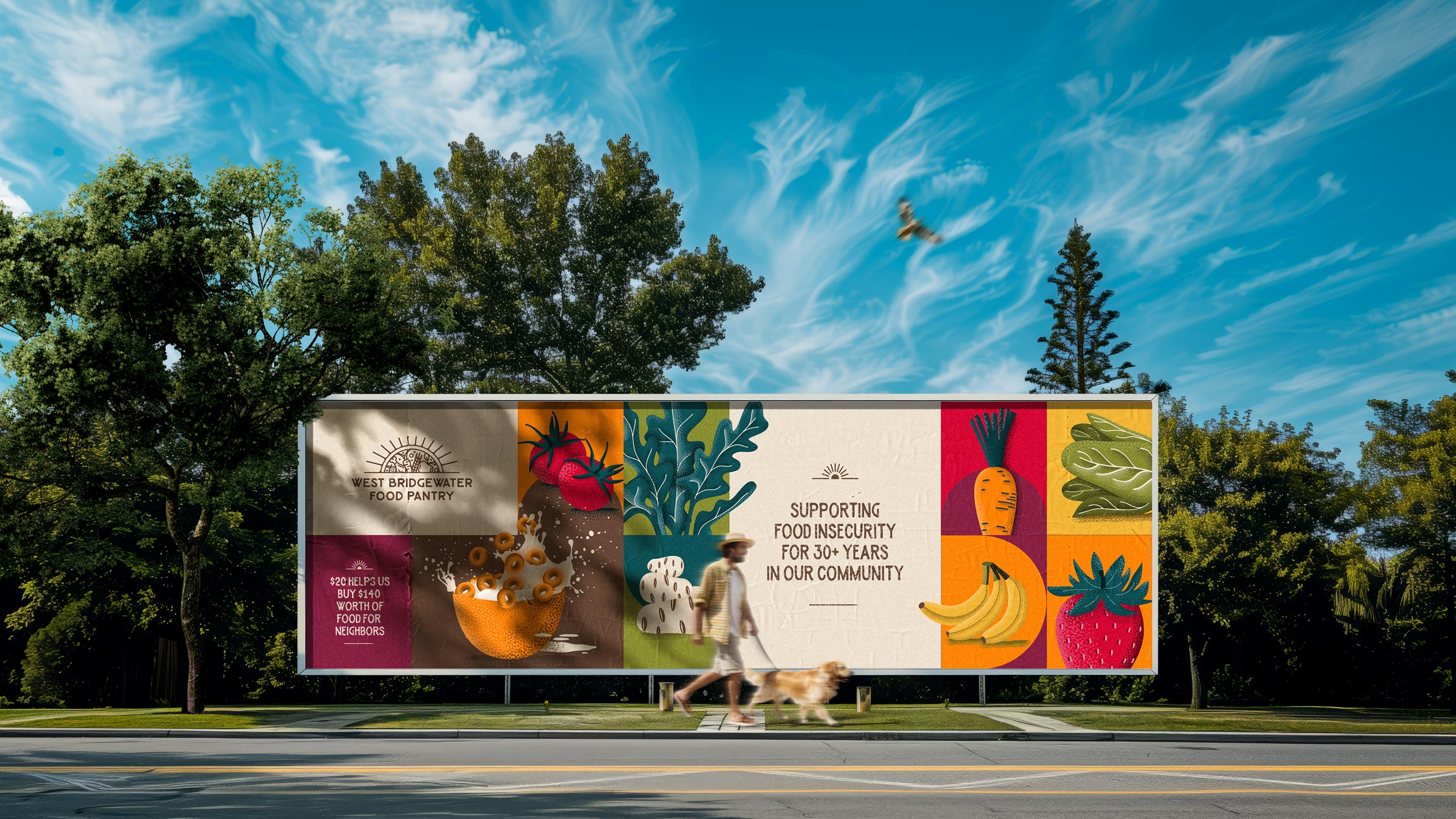 A photograph of a large, outdoor billboard promoting the West Bridgewater Food Pantry, seen from the side of a road on a sunny day. The billboard has two main sections: the left features the pantry's logo and text about supporting neighbors with food, and the right is a vibrant collage of illustrated vegetables and fruits next to text that reads, "SUPPORTING FOOD INSECURITY FOR 30+ YEARS IN OUR COMMUNITY." A person is walking a dog on the sidewalk in front of the billboard.