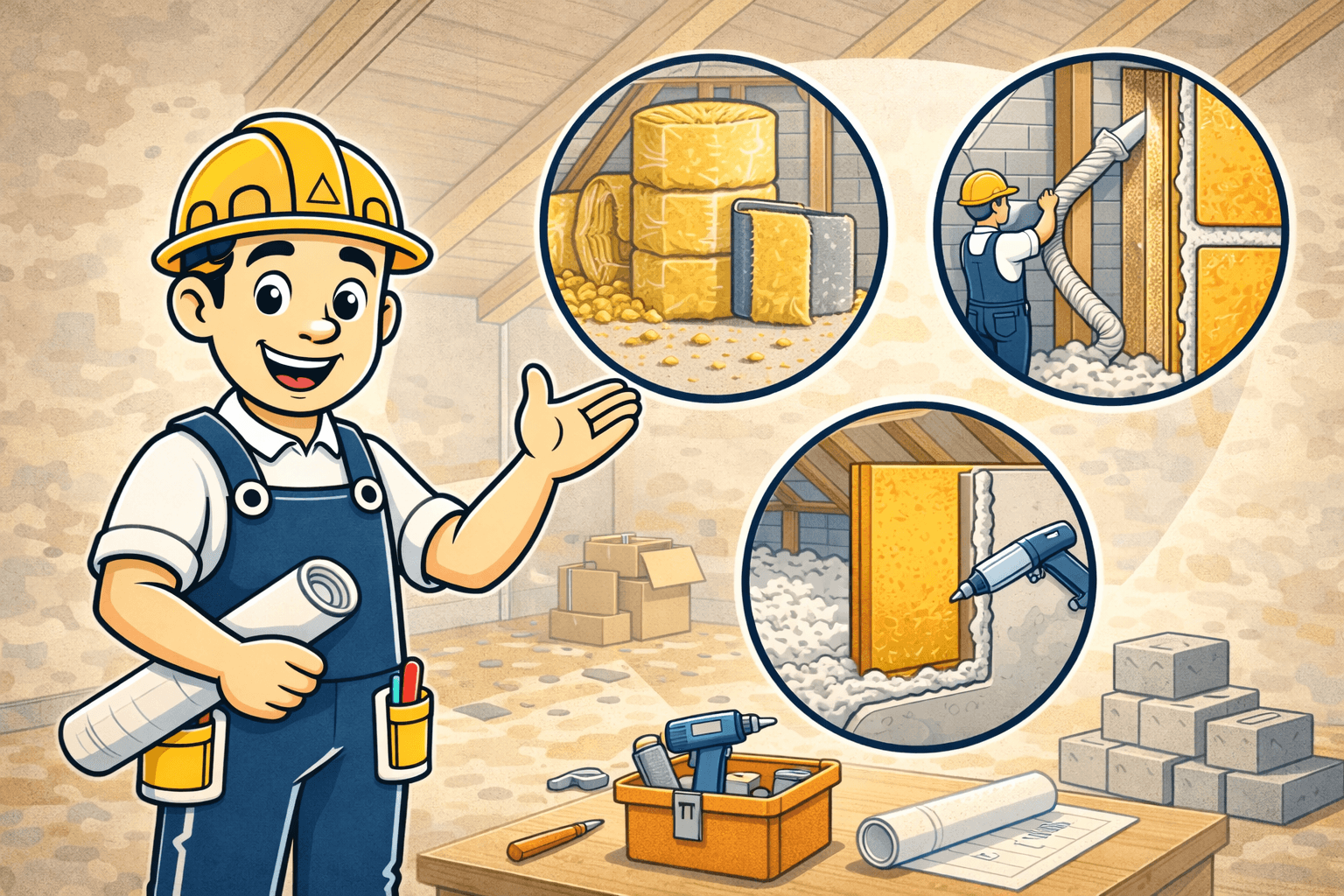 Illustration vectorielle d’Alfred mascotte de chantier présentant différents isolants de maison dans un projet de rénovation énergétique.