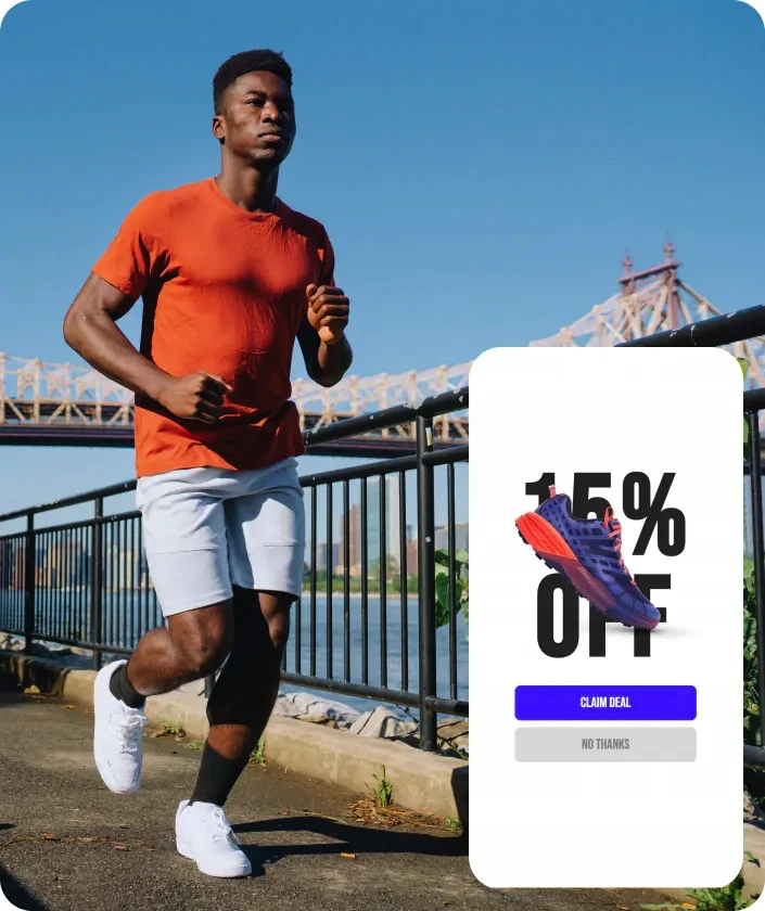 Runner crossing a bridge with a 15%-off discount pop-up