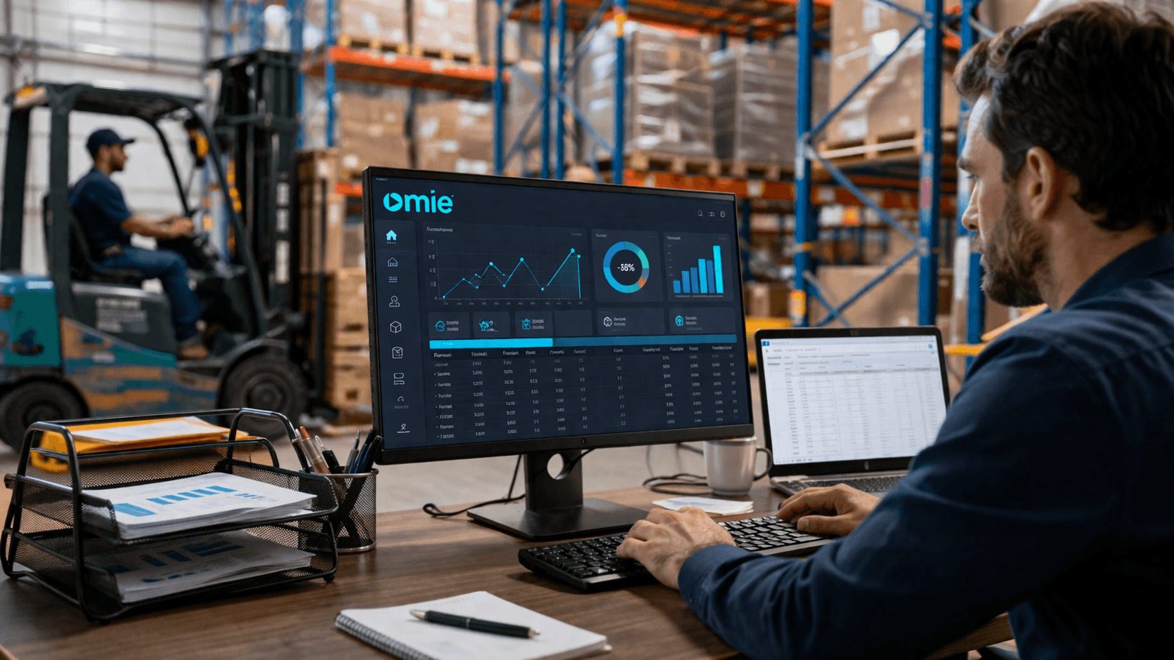 Homem trabalhando em um computador em um escritório dentro de um armazém, com prateleiras de estoque e um operador de empilhadeira ao fundo; na tela do monitor aparece um dashboard com gráficos e a logo da Omie no canto superior.