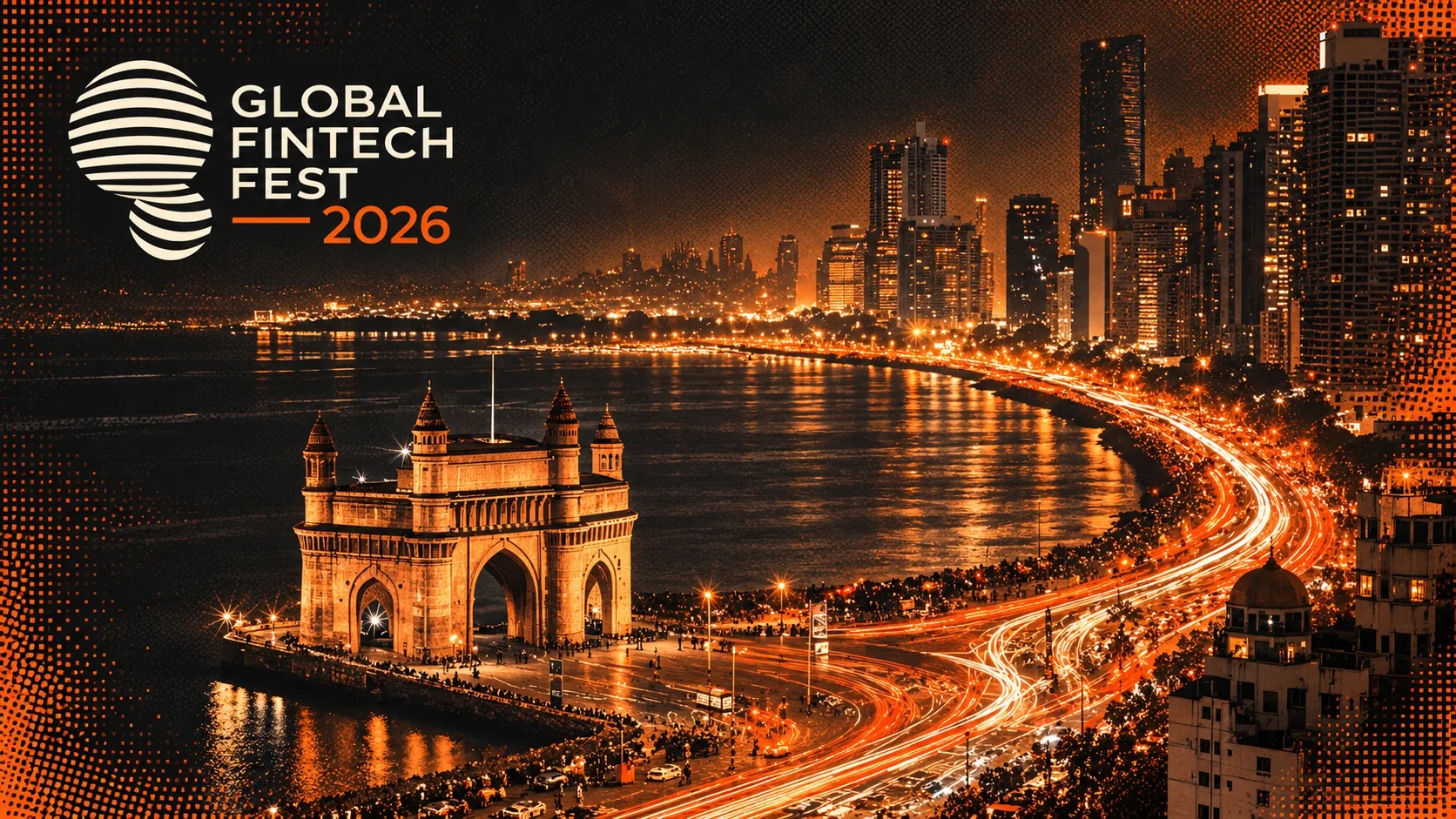 Cover art for Global Fintech Fest 2026: the Gateway of India and the Mumbai seafront at night in orange tones, with the GFF 2026 logo.