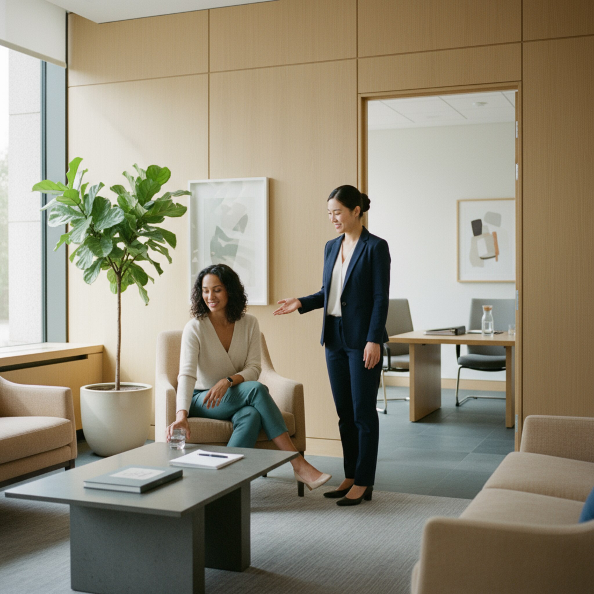 Eine Besucherin nimmt im Wartebereich Platz und erhält ein Glas Wasser, während die Empfangsmitarbeiterin freundlich den nächsten Schritt erklärt. Durch eine offene Tür sieht man einen vorbereiteten Besprechungsraum. Die Stimmung ist ruhig und professionell, Abläufe greifen sichtbar ineinander.