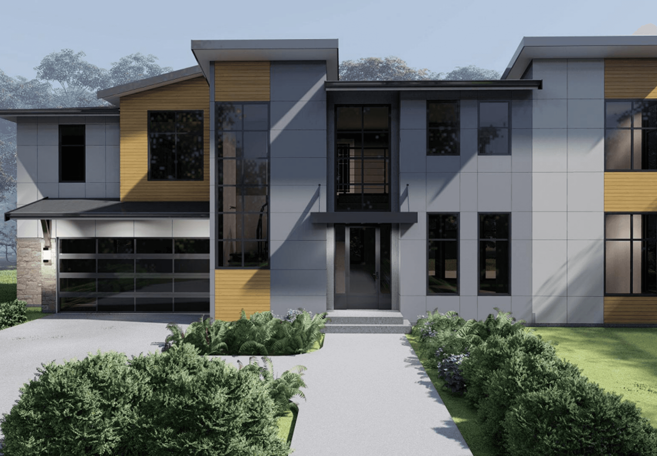 Front elevation of residential design with landscaped garden and contrasting materials Image