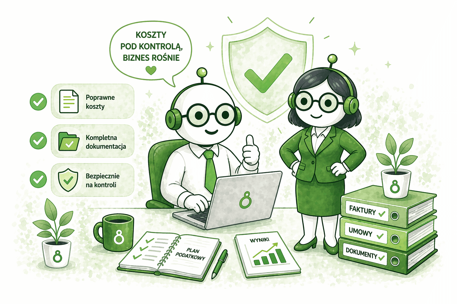 Robot pracuje spokojnie przy uporządkowanych finansach, a robotka księgowa czuwa nad poprawnością rozliczeń