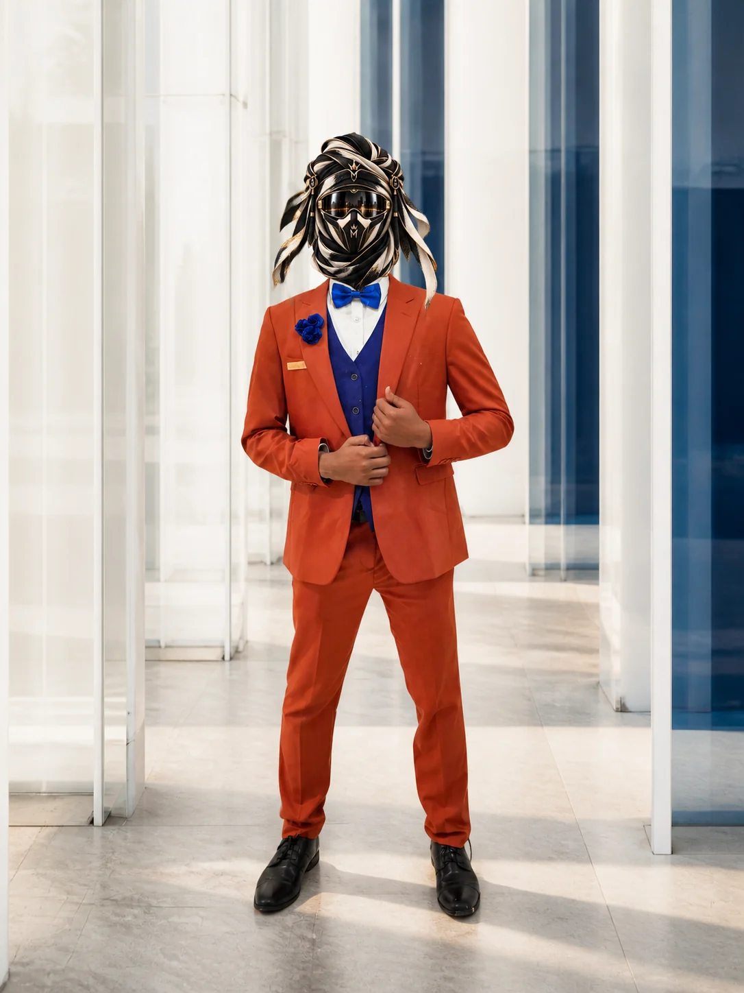 Full-length view of Burnt Orange and Blue, a burnt-orange three-piece suit with a cobalt waistcoat and blue bow tie, with the official Marzelest face covering.