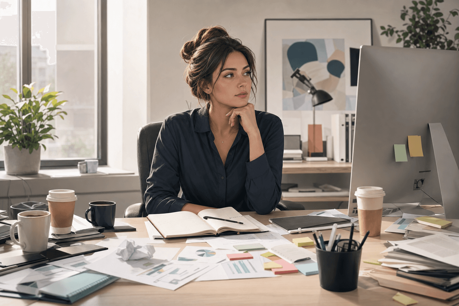 A person sitting at a desk in a modern office or home workspace, looking calm and composed from the outside, but their desk shows subtle signs of disorganization - scattered papers, multiple coffee cups, sticky notes, an open planner. Soft natural lighting through a window. The person appears thoughtful but slightly distant, gazing past their computer screen. Professional illustration style with muted, calming colors. Focus on the contrast between external composure and internal struggle with focus and organization.