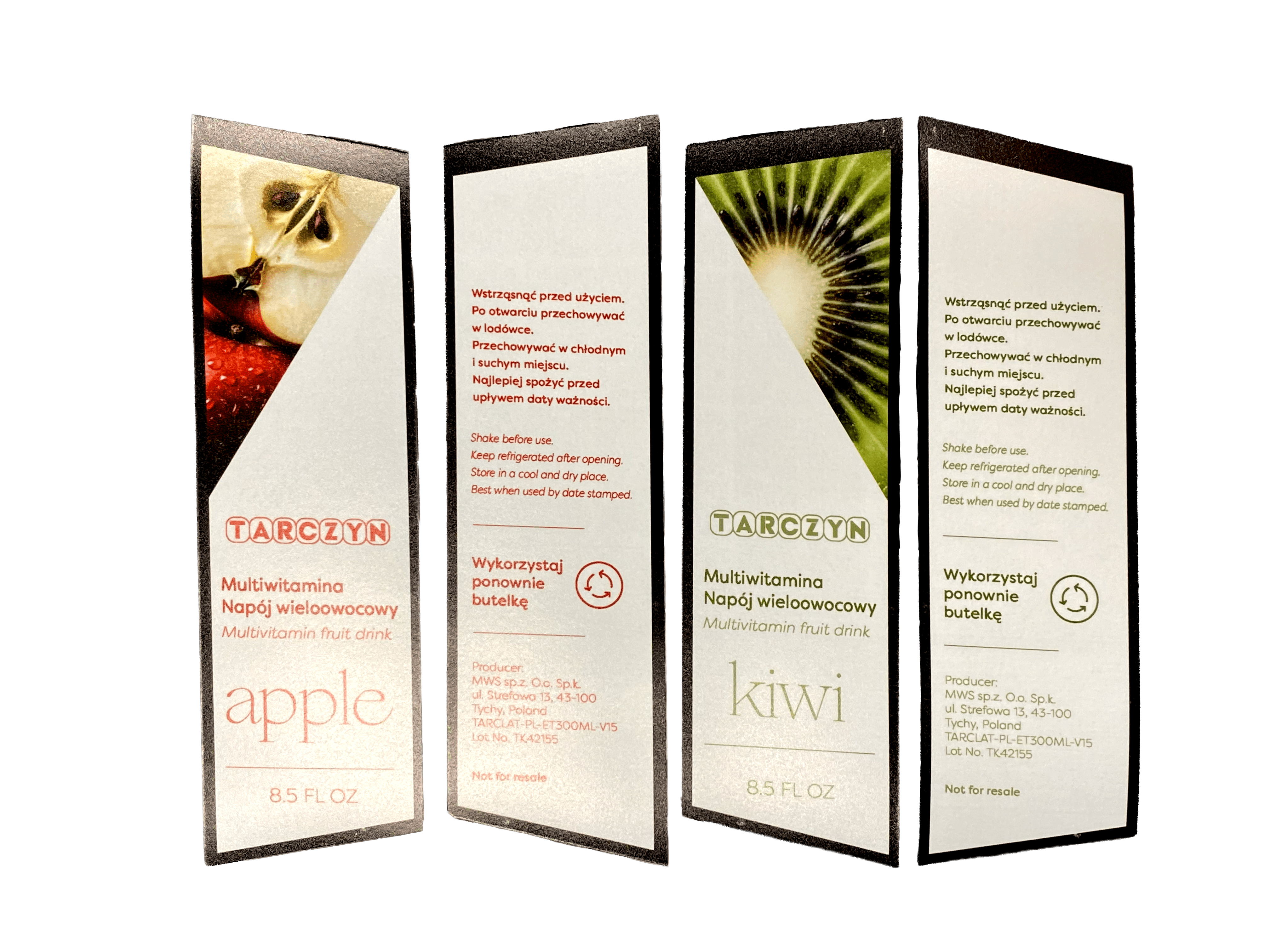 Spread of both front and both reverse side labels, separate from their respective bottles.