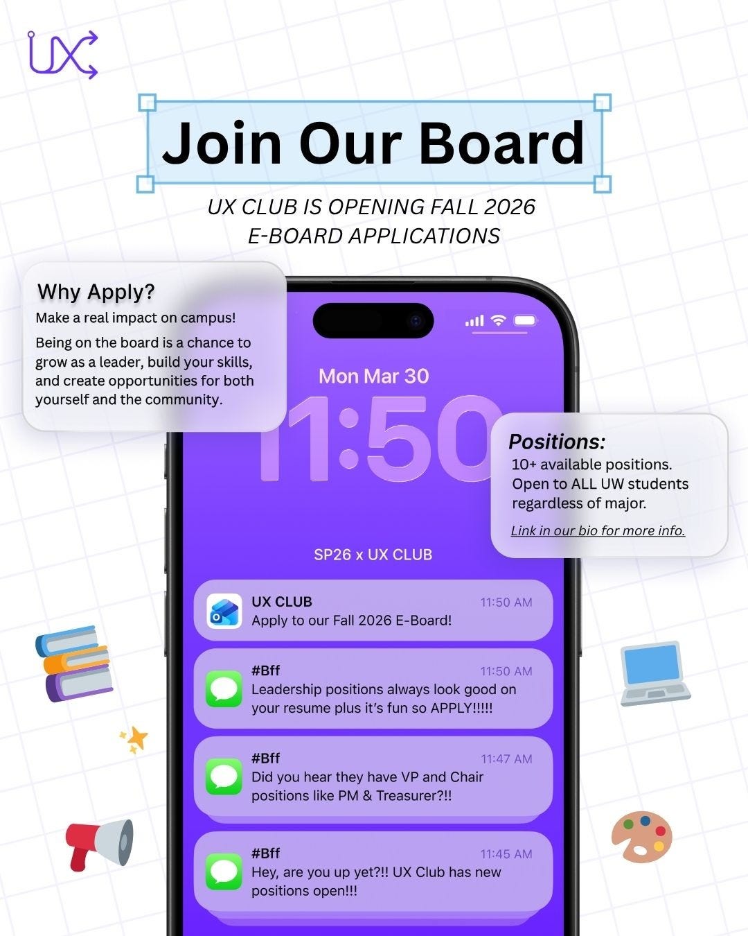 Join Our Board Infographic. Why Apply? Make a real impact on campus! Being on the board is a chance to grow as a leader, build your skills, and create opportunities for both yourself and the community. Positions: 10+ available positions. Open to ALL UW students regardless of major. Link in this post.
