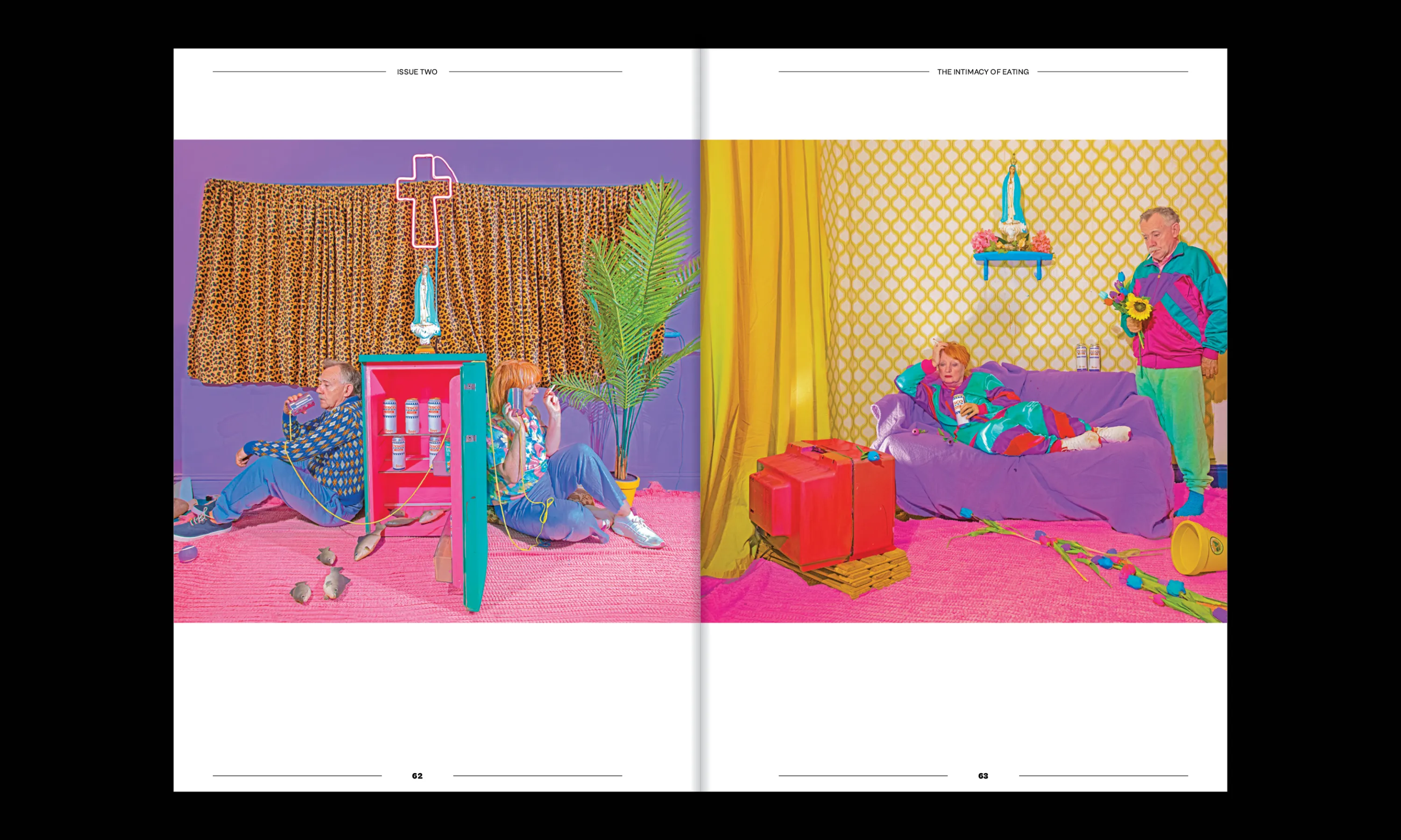 Double page photography spread showing two images of the same couple, looking diconnected in birght and cheery colourful sets with an array of Kitsch props