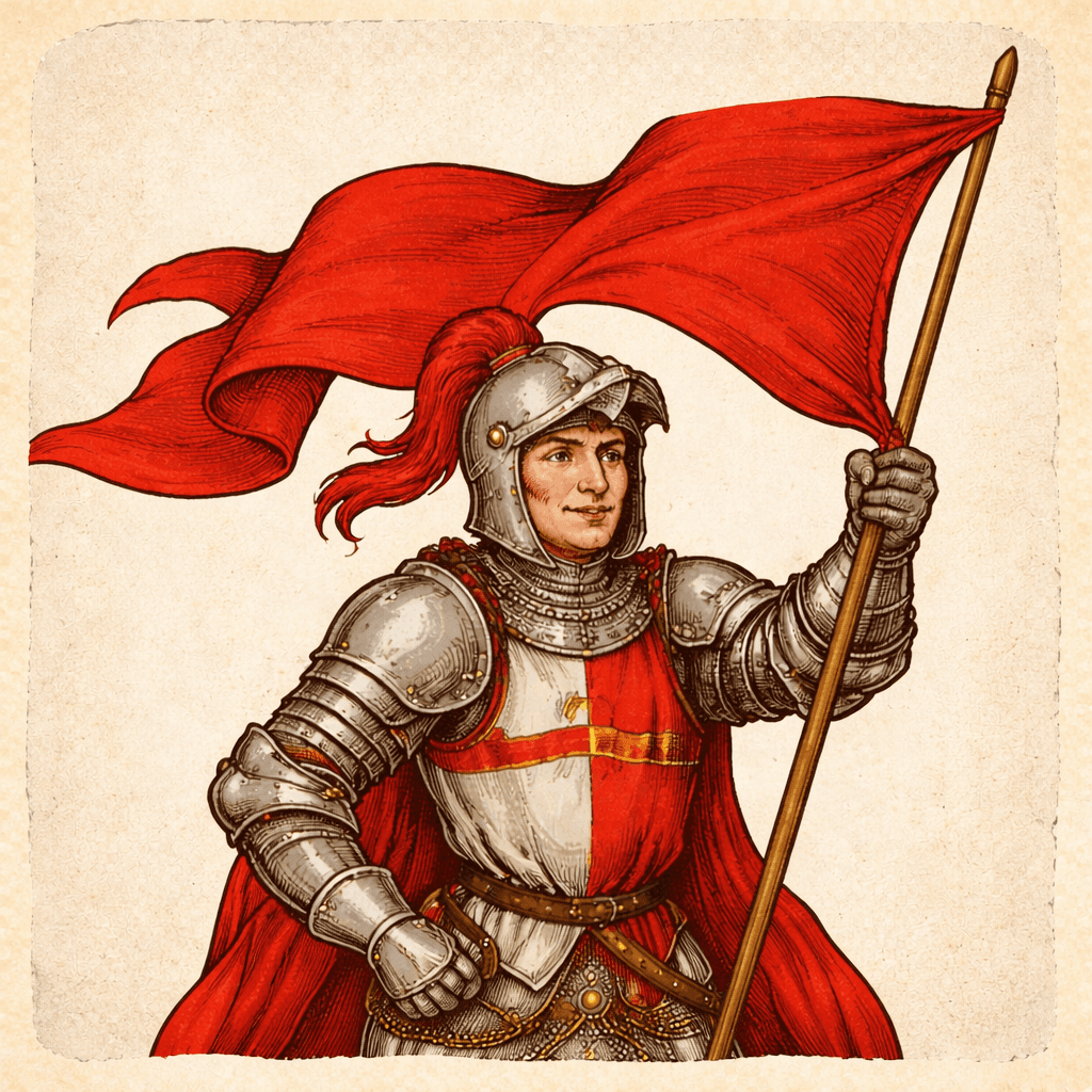 A knight holding a red flag