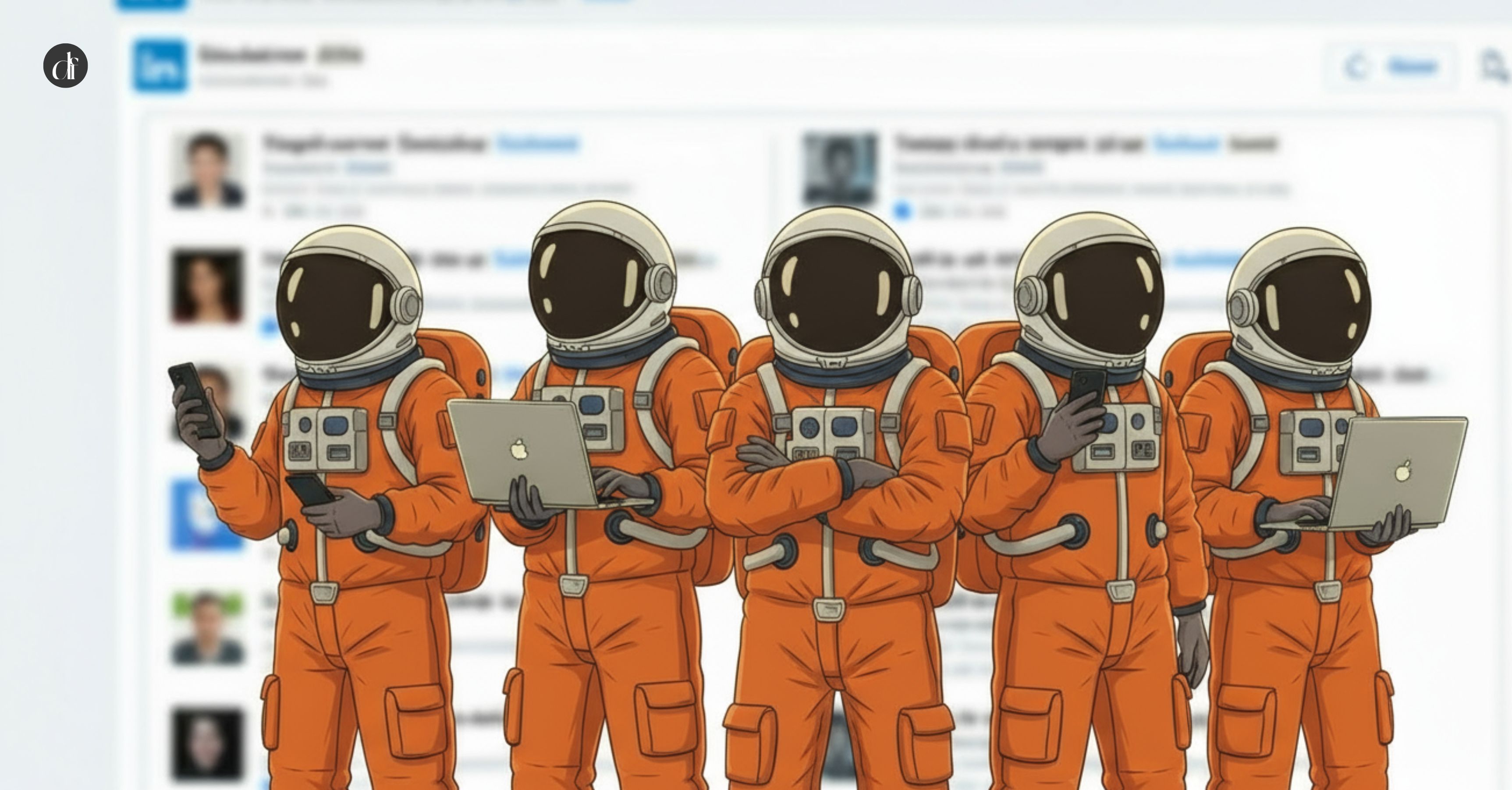 Team of professionals in space suits using laptops representing employee-generated content and LinkedIn personal branding power by Dreamforge