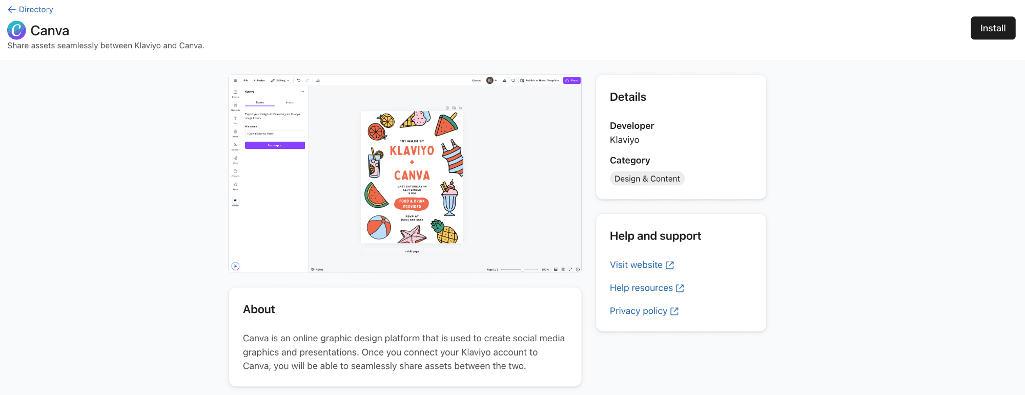 Install Canva.png: Canva marketplace page displaying Klaviyo integration details with an 'Install' button.