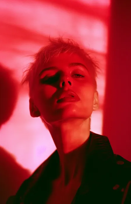 Red-lit artistic portrait.