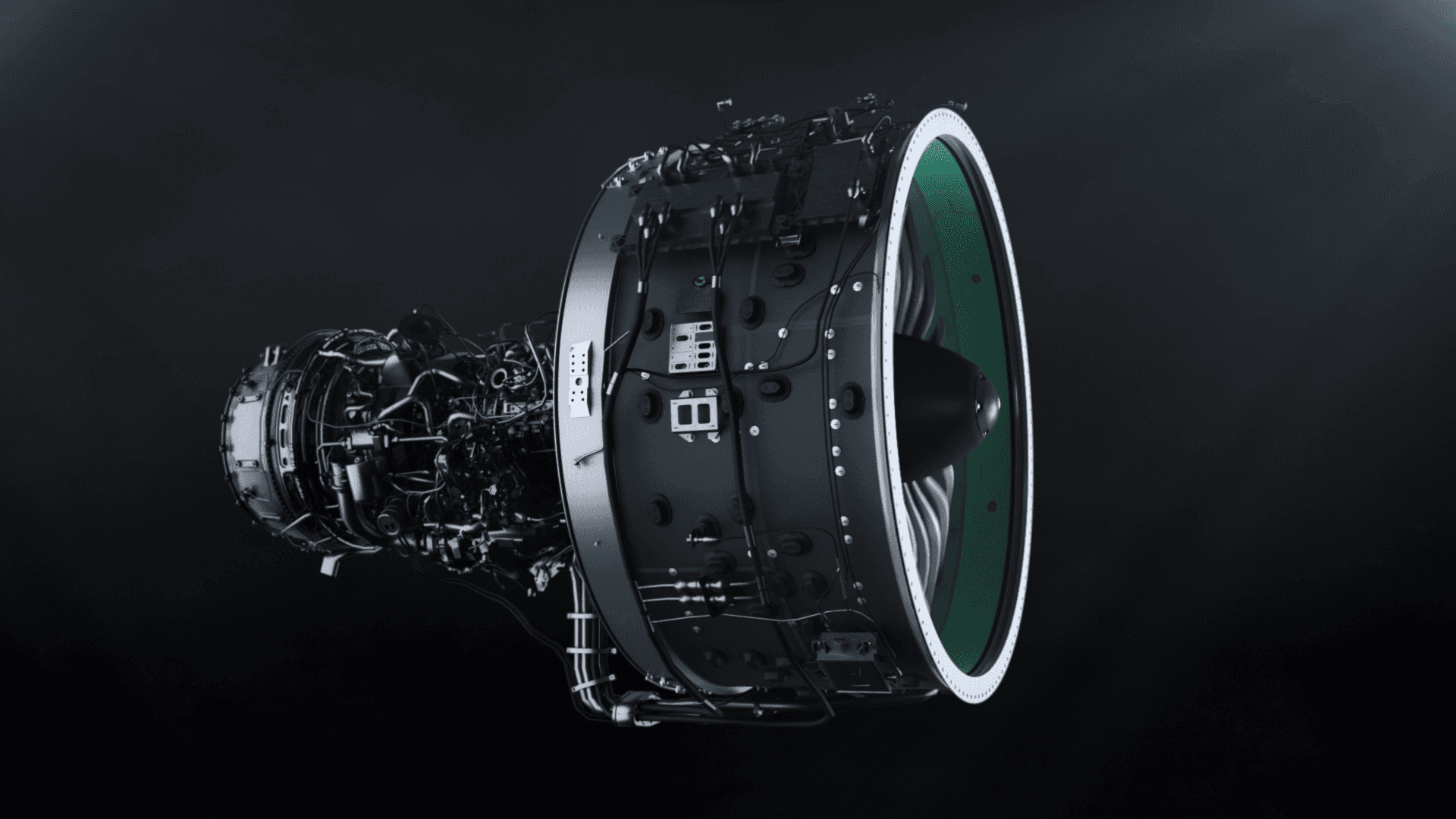Mainframe 3d product work: jet engine exploded parts view in a technical CGI style for engineering and brand comms.