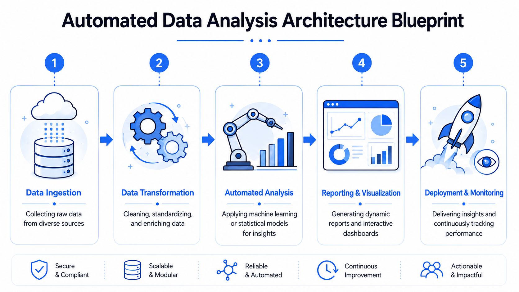 A five-step flowchart illustrating the automated data analysis architecture from data ingestion to deployment and monitoring.