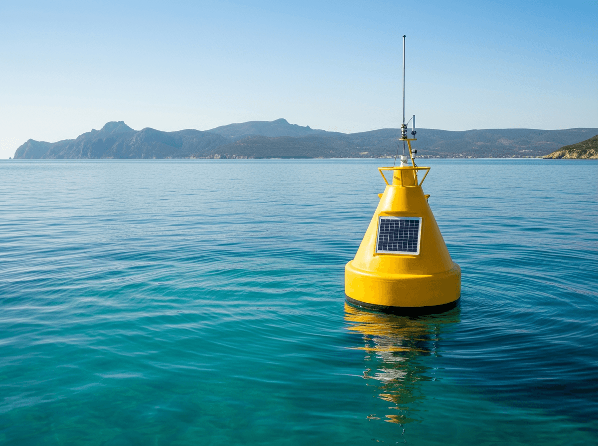 Yellow solar-powered ocean buoy floating on calm blue water with distant mountains in the background.