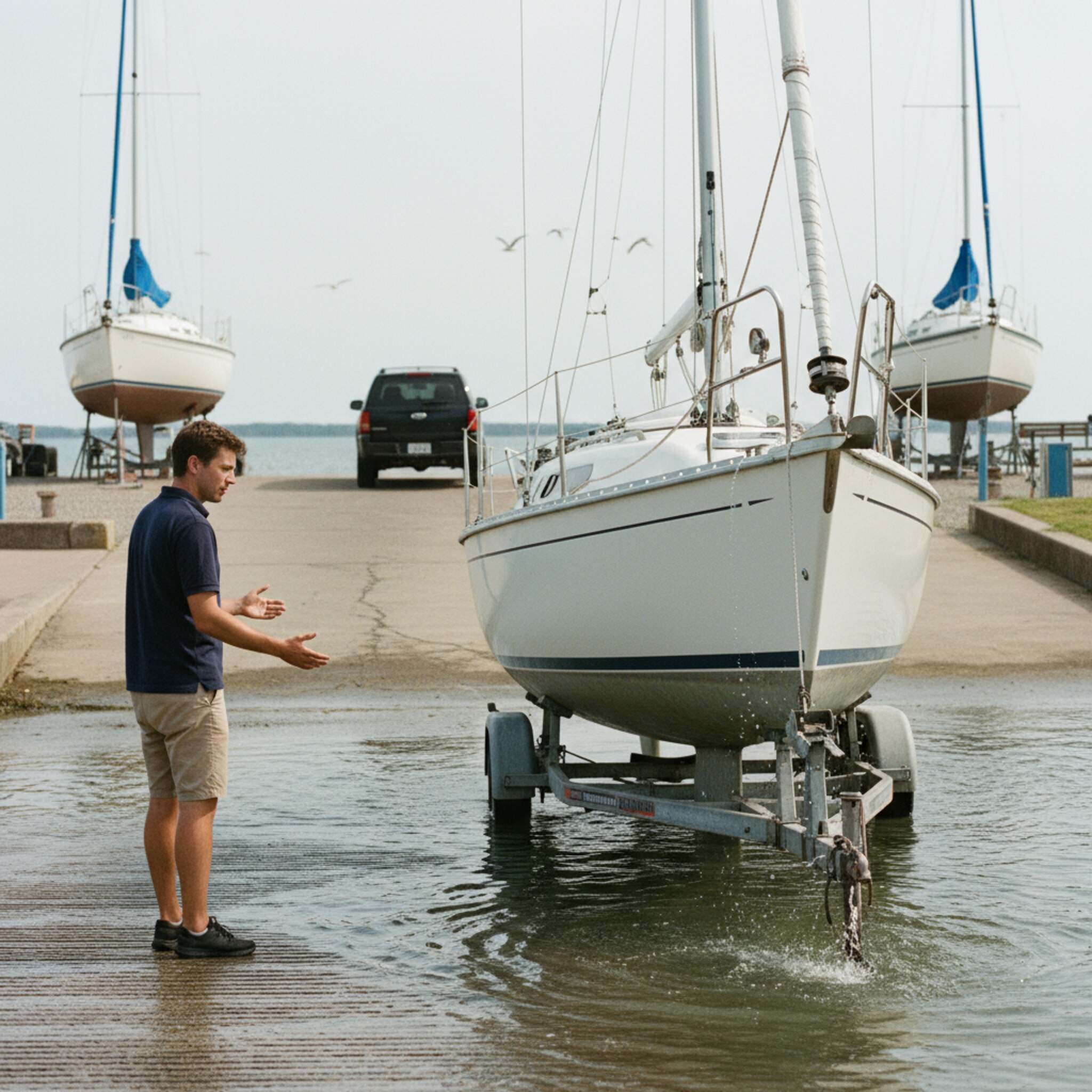 Ein Trailer rollt langsam die Rampe hinunter, ein Helfer gibt präzise Handzeichen. Gummipuffer schützen die Kanten, Wasser perlt über den Kiel. Der Motor brummt gedämpft, zwei weitere Boote warten ordentlich abgestellt. Konzentration, klare Bewegung, keine Hektik.