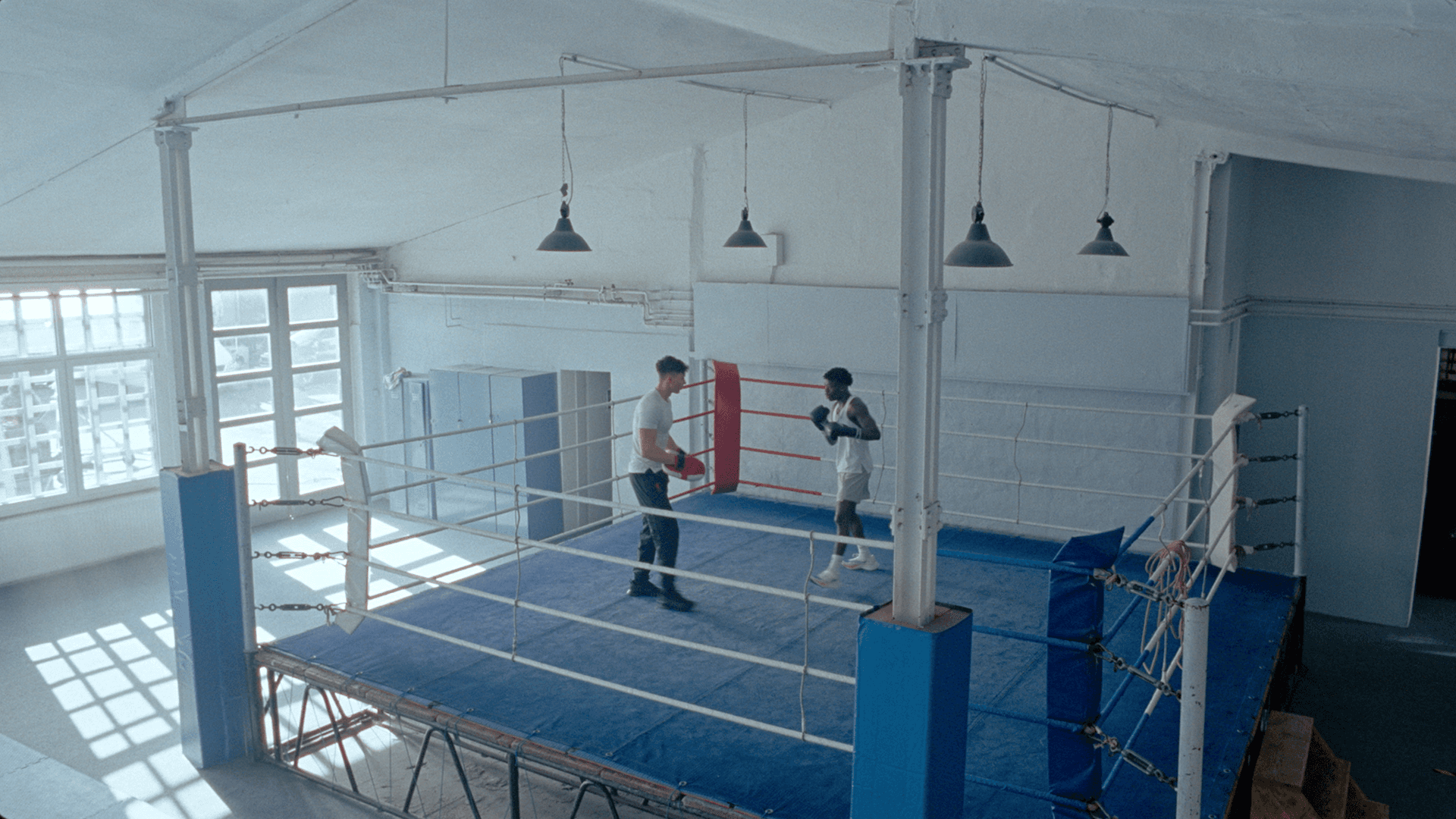 Symmetrical view of modern buildings from below