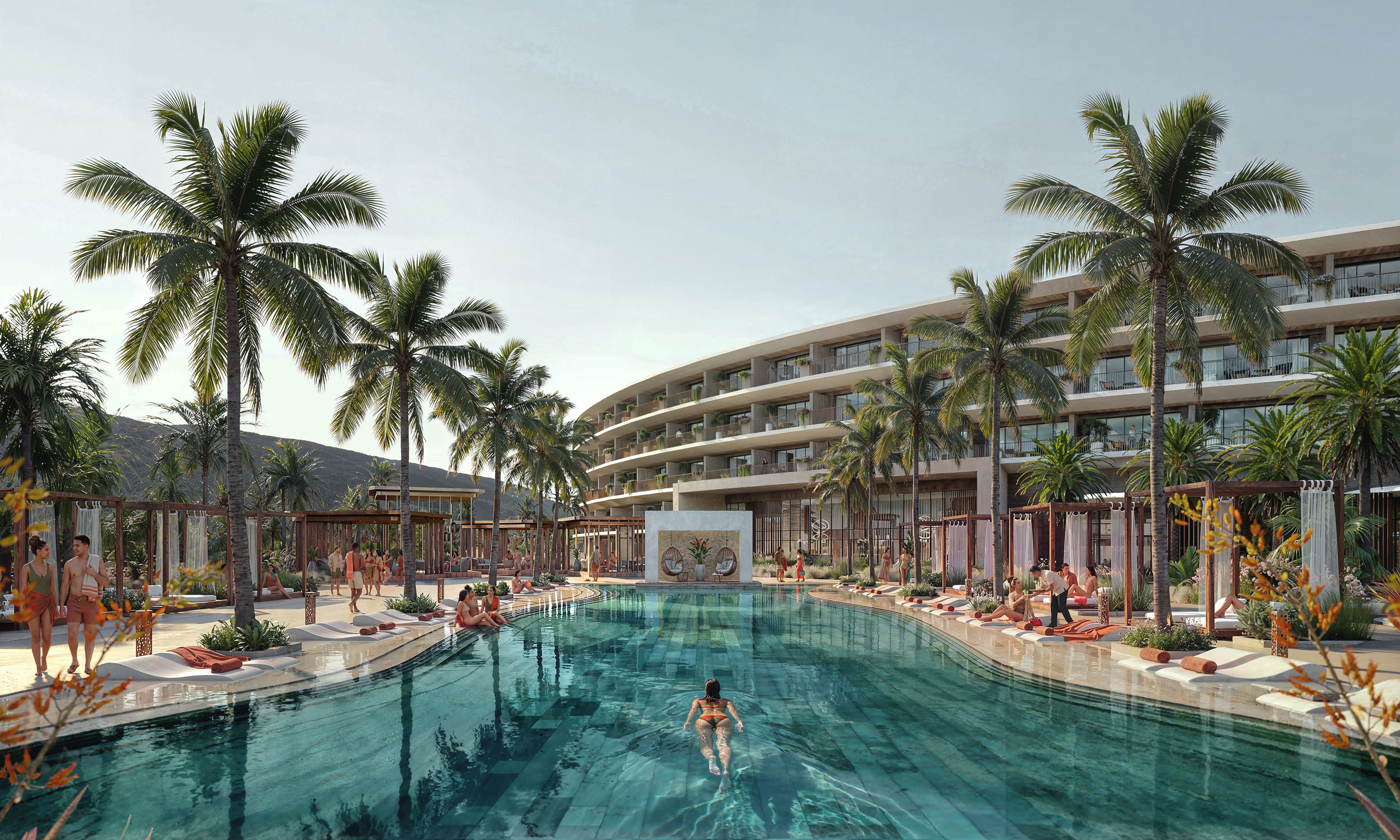 Resort architectural CGI with pool and palm trees.
