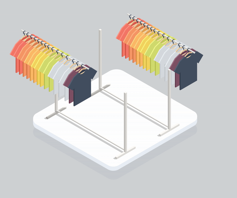 Isometric illustration of a clothing rack with colorful shirts on hangers.