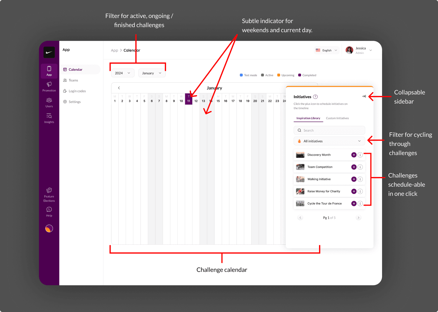 Annotated final calendar UI showing the key design decisions with callouts