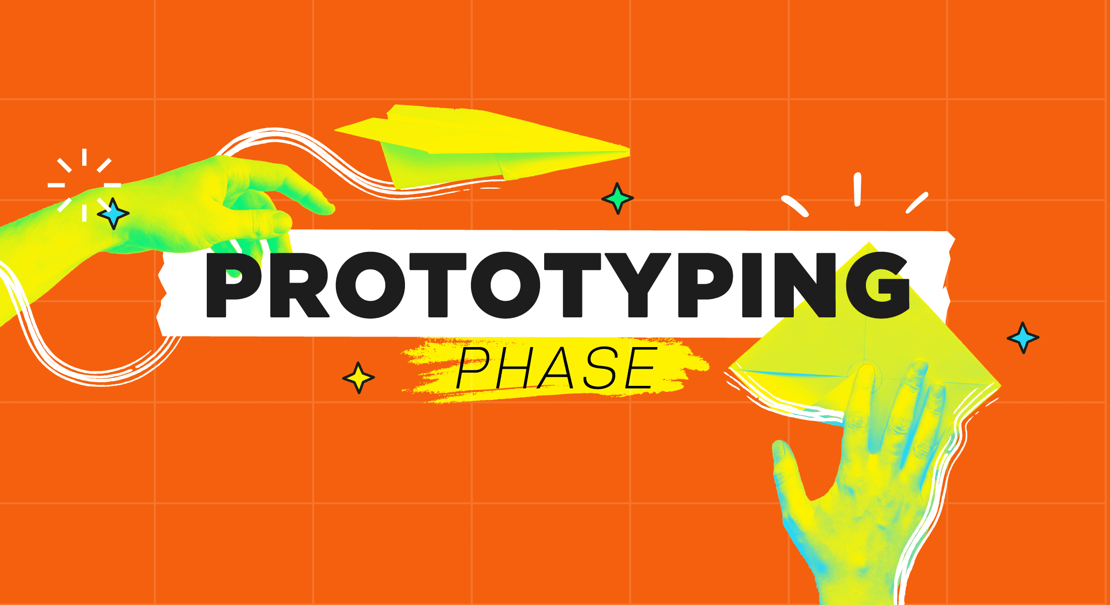 Wide orange banner with reaching hands and paper airplane reading Prototyping Phase for design thinking