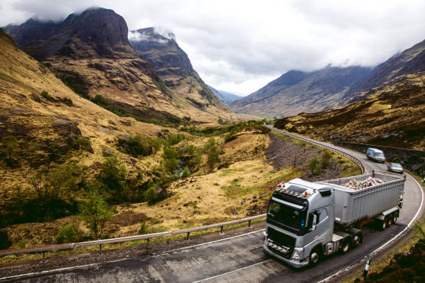 A modern truck driving through the Scottish Highlands, symbolizing innovation in the road haulage industry.