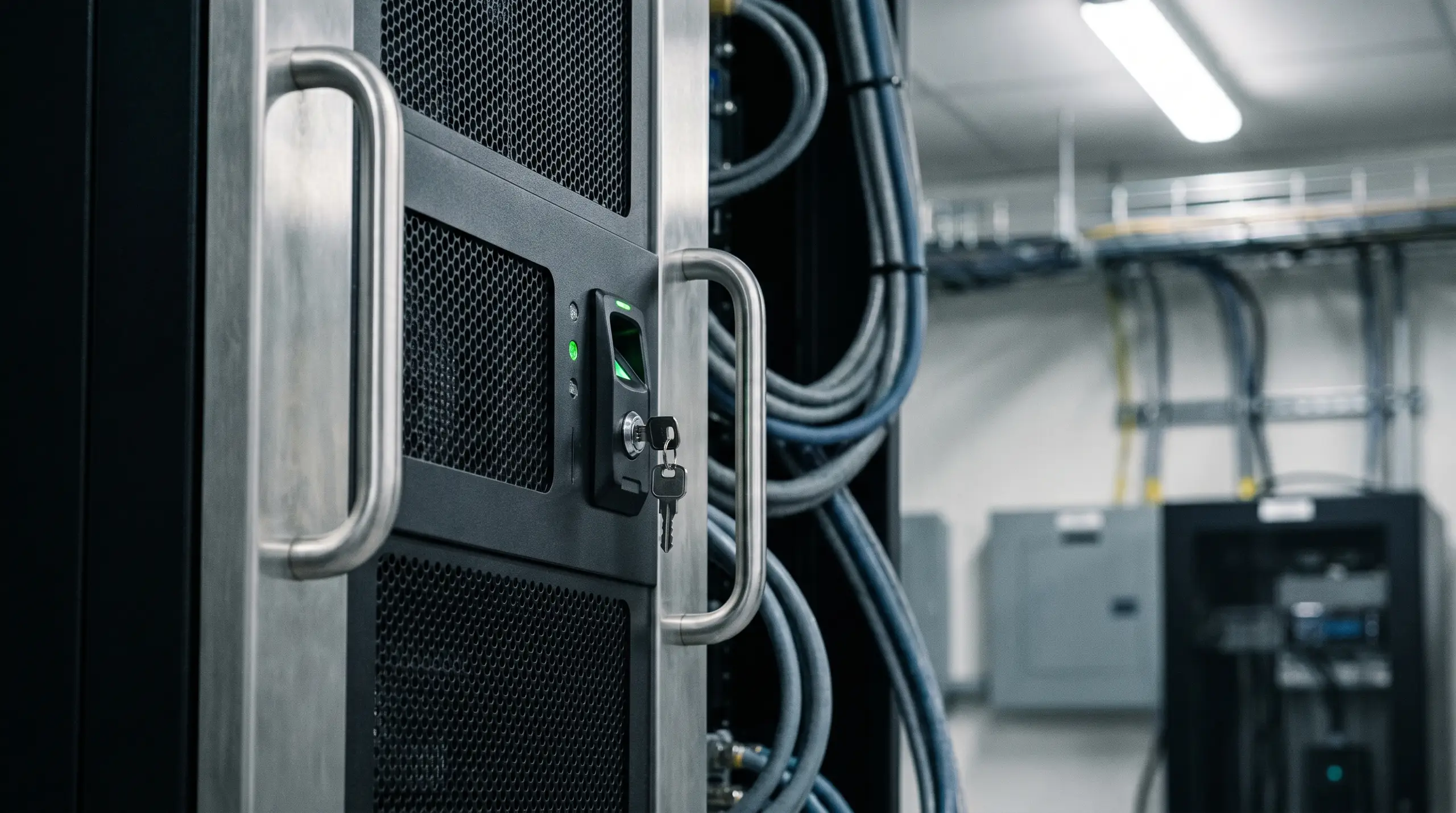 Close-up of a metal server rack door with a key lock and two handles, showing perforated vent panels and bundled blue cables in a clean data-center background with bright overhead lights.