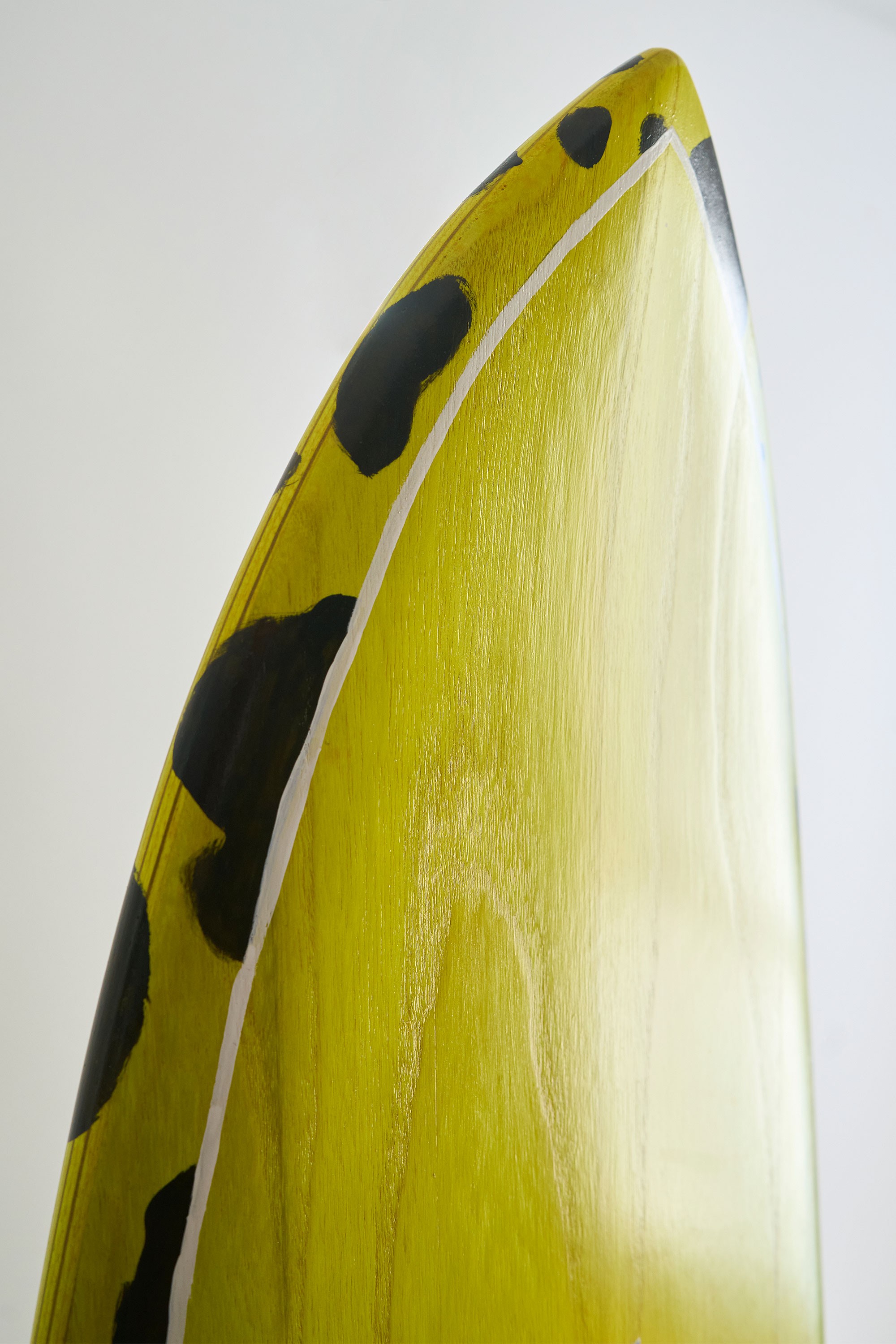 Beak nose of a wooden surfboard