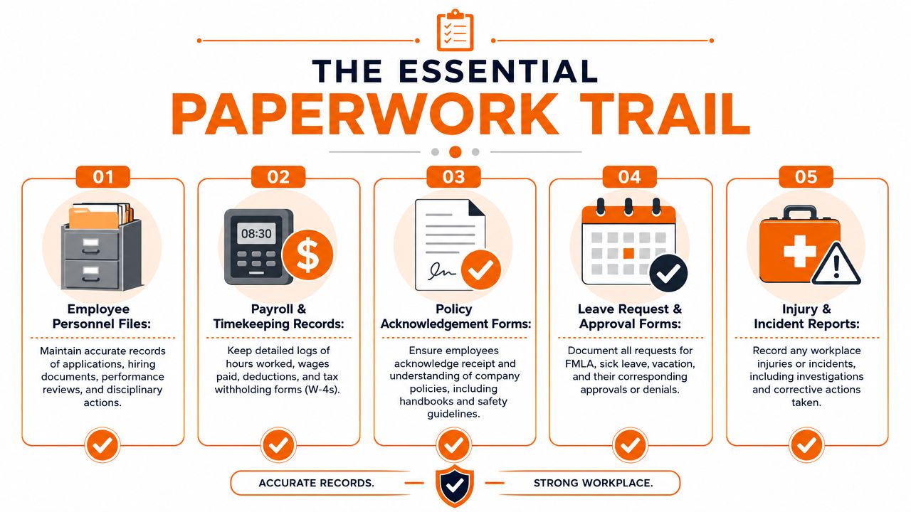 An infographic detailing five essential types of workplace documentation for maintaining legal compliance and organizational records.