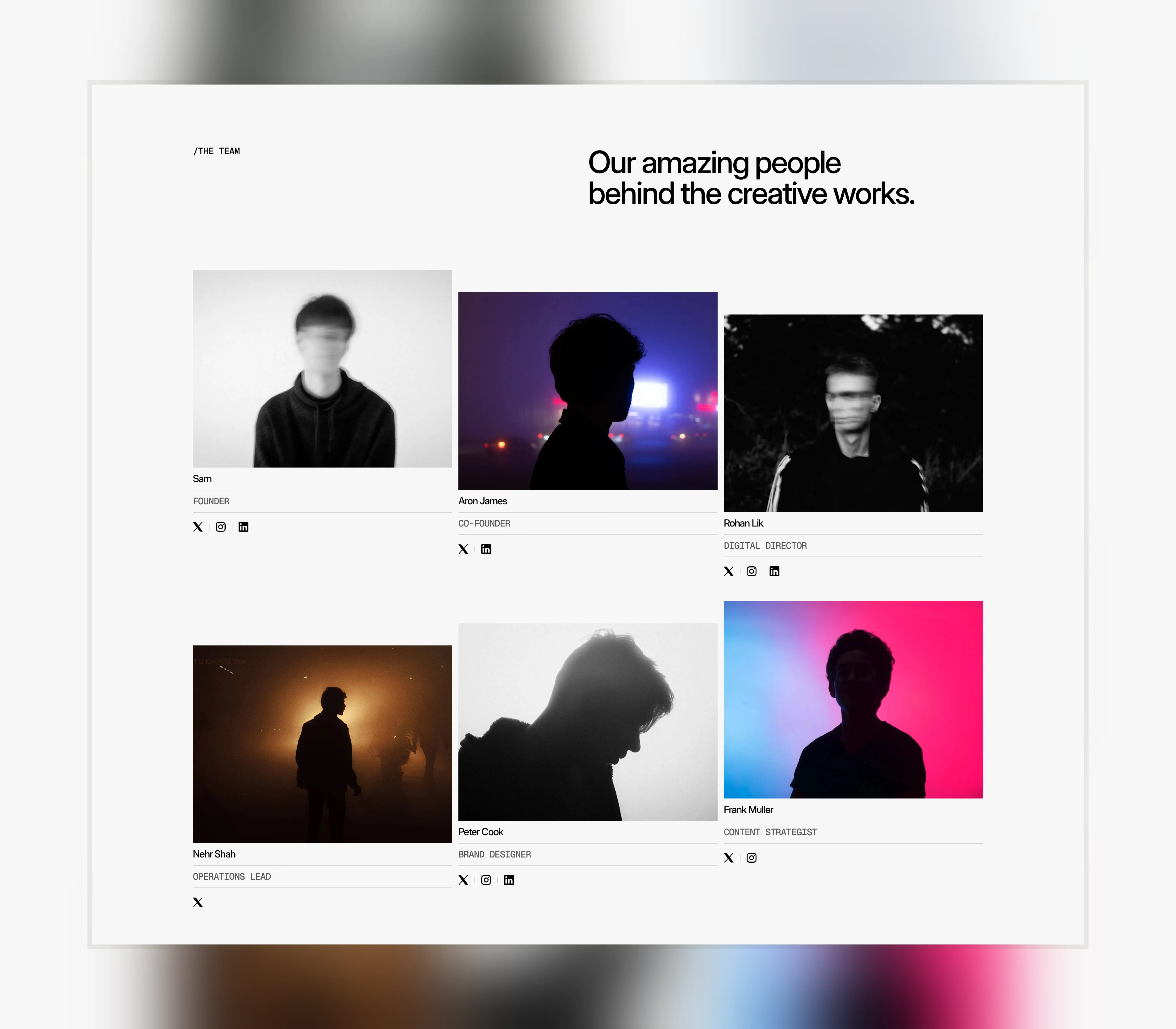 Minimal creative agency team section showcasing team members with portraits, roles, and social links.