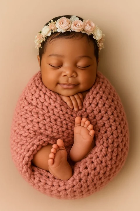 Sleeping baby in a rose knitted wrap with a floral headband