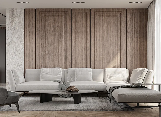 Modern living room interior with minimalistic wall panel design, featuring a mix of natural wood texture and neutral colors.