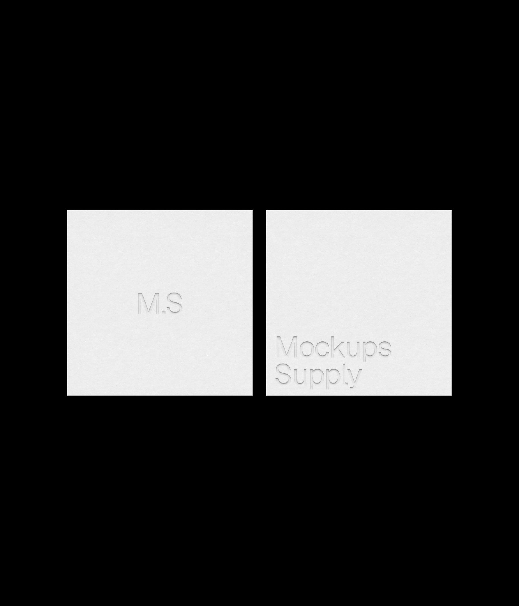2 square business cards mockup in a row for Photoshop with debossed text effect, white cards on black background, minimal branding and stationery presentation