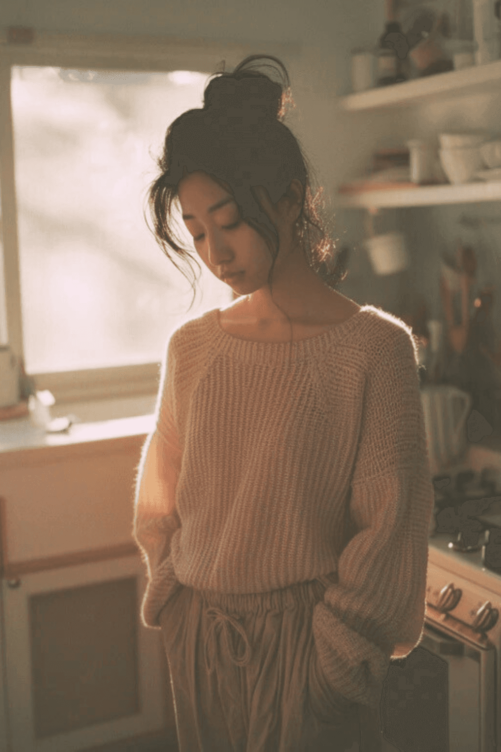 Postpartum mother standing quietly in kitchen, looking down with emotional fatigue in soft morning light