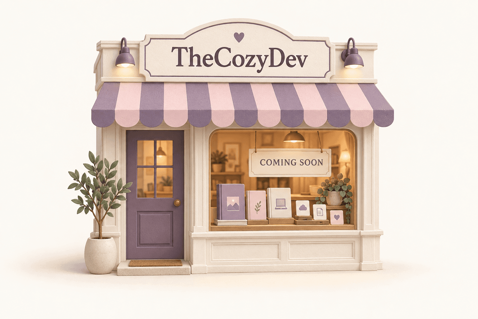 A cozy miniature TheCozyDev shop with a lavender-and-pink awning and a Coming Soon sign.
