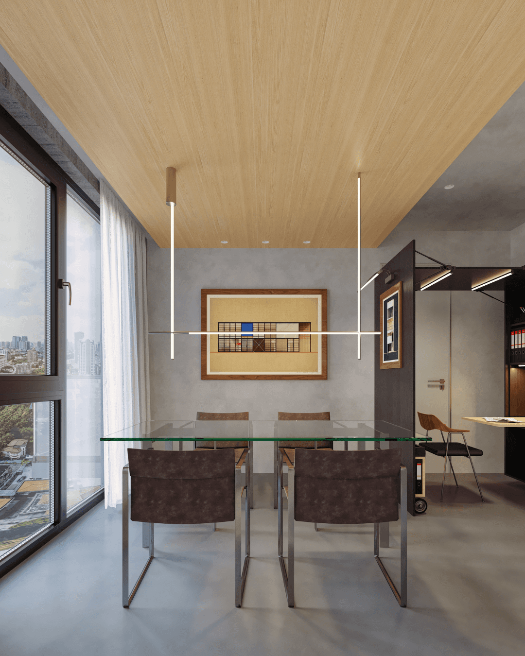 Glass dining table and leather chairs under a timber ceiling, beside a black steel study pod and concrete walls