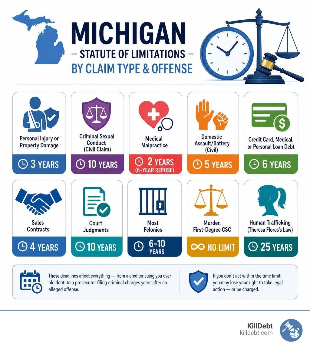 Infographic showing Michigan statute of limitations periods by claim type and offense infographic