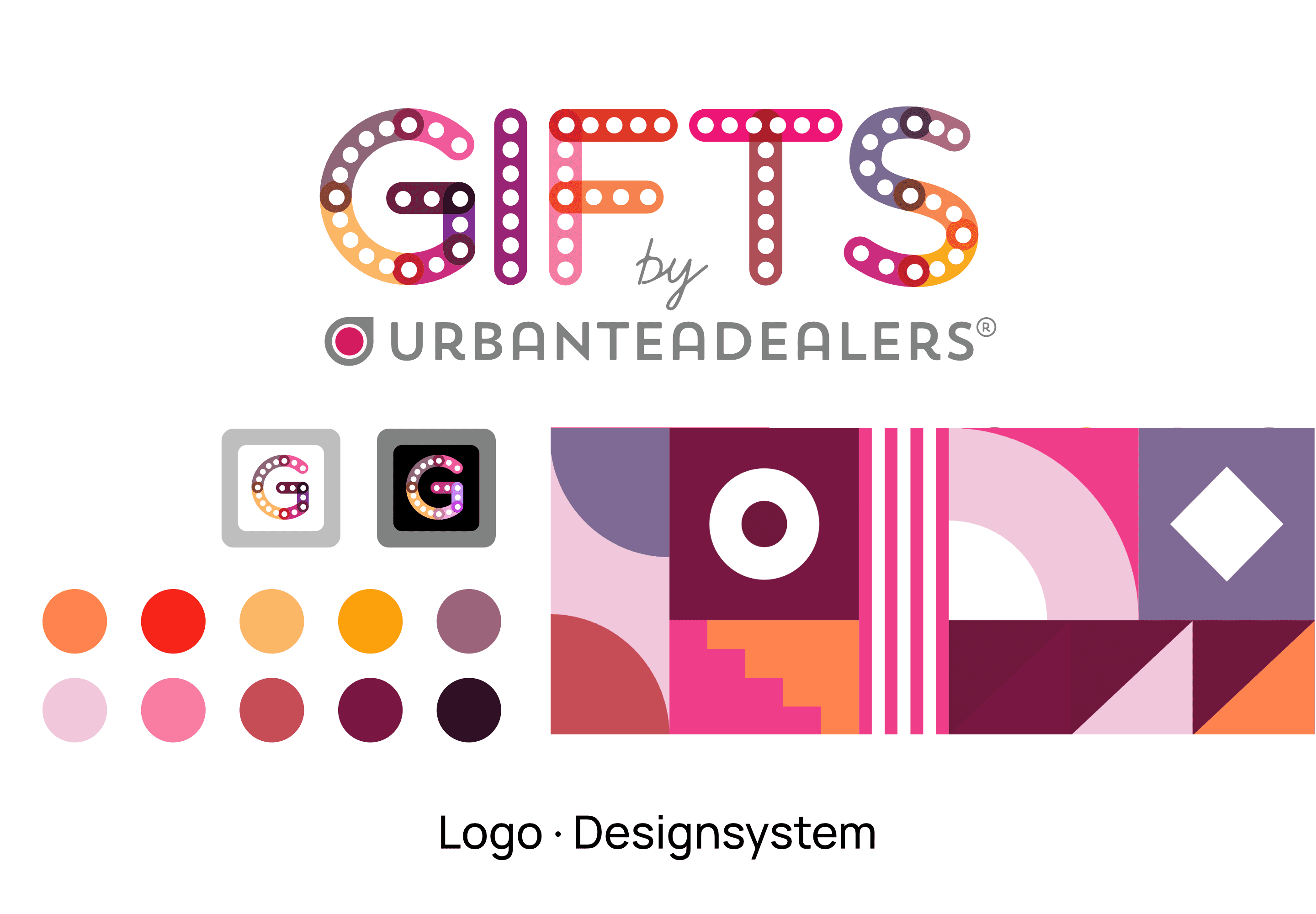 Colorful logo in shades of red and violet with a complete design system for an e-commerce brand.