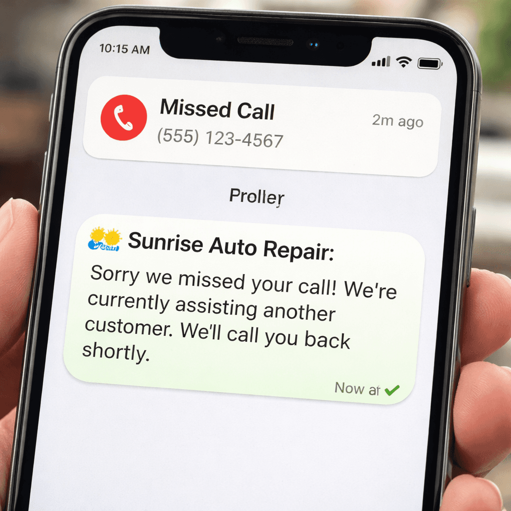 A realistic illustration of a smartphone screen showing a missed call notification and an auto‑generated text reply that includes the business name, a brief apology, and a call‑back promise. Alt: missed call text back example